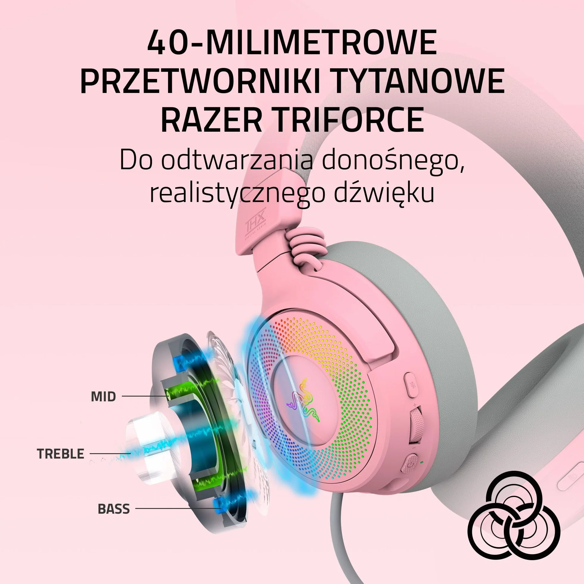 Razer Kraken Kitty V3 Pro bezprzewodowy zestaw słuchawkowy RGB do gier Triforce 40 mm Hyperspeed Bluetooth Quartz