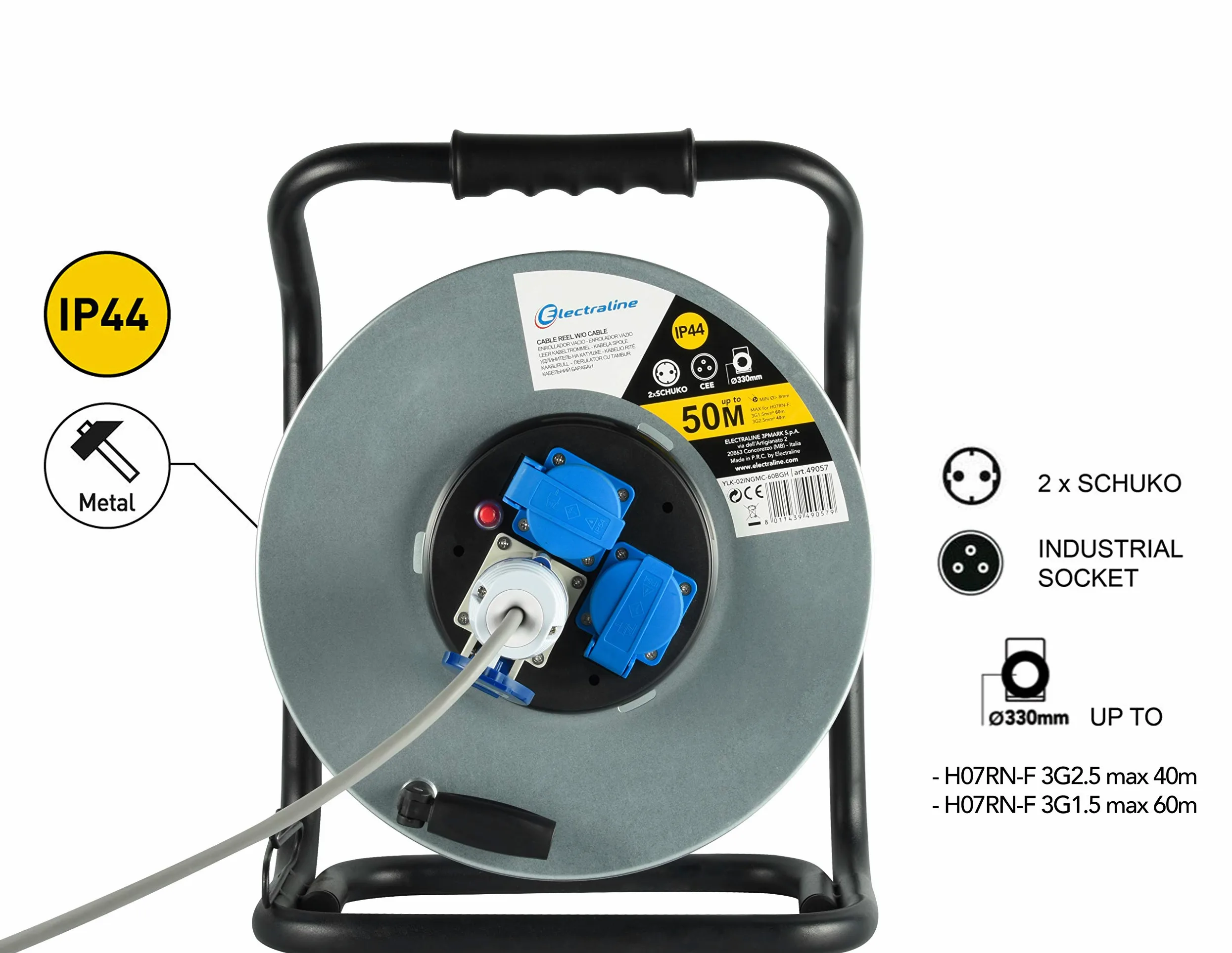 Electraline 49057 Zawijanie kablowe, Przedłużacze bez drutu antykorozyjnego metalowe do użytku profesjonalnego, z 2 gniazdami Schuko + 1 przemysłowym IEC. Uchwyt eronomiczny + gałka obrotowa