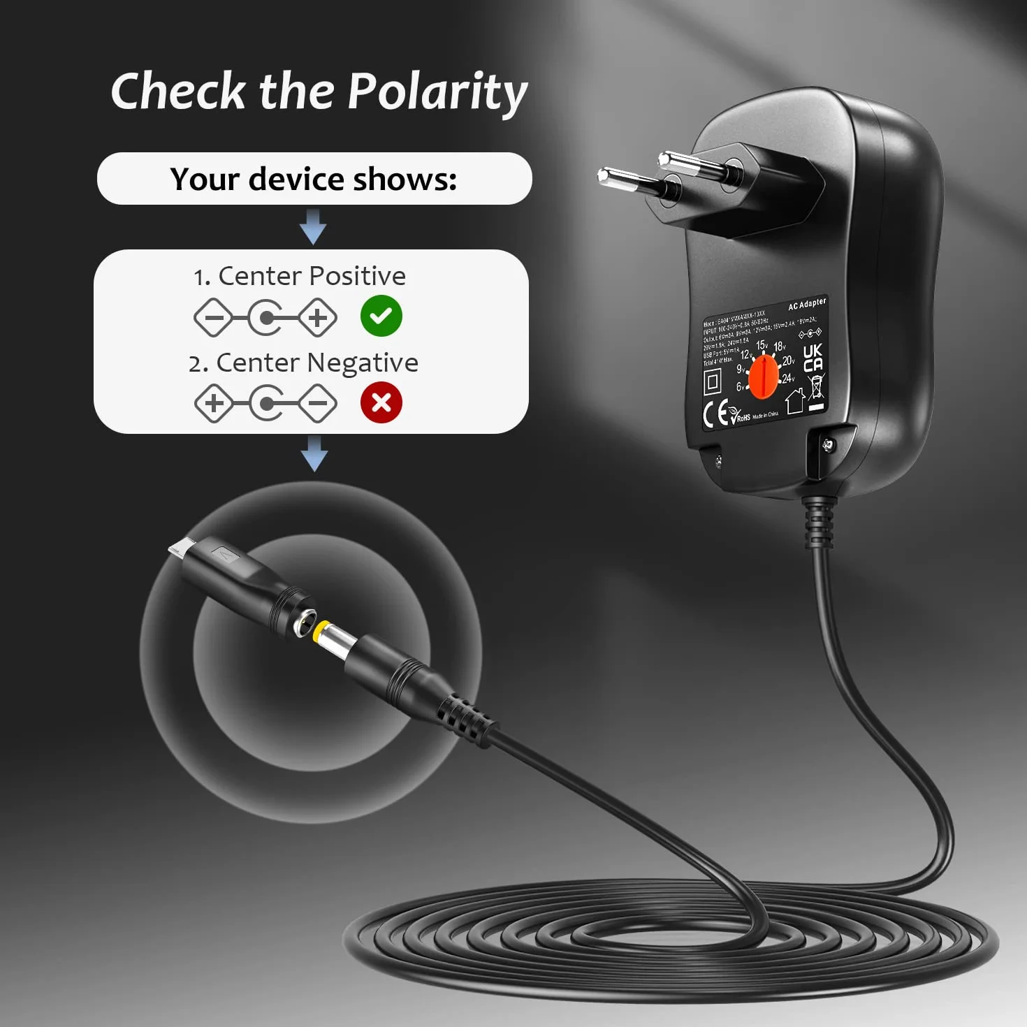 Zolt 41 W Uniwersalny zasilacz AC na DC 6 V 9 V 12 V 15 V 18 V 20 V 24 V 1 A 1,5 A 2 A Przełączanie zasilania z portem USB 5 V 1 A i 10 złączami DC do urządzeń elektronicznych