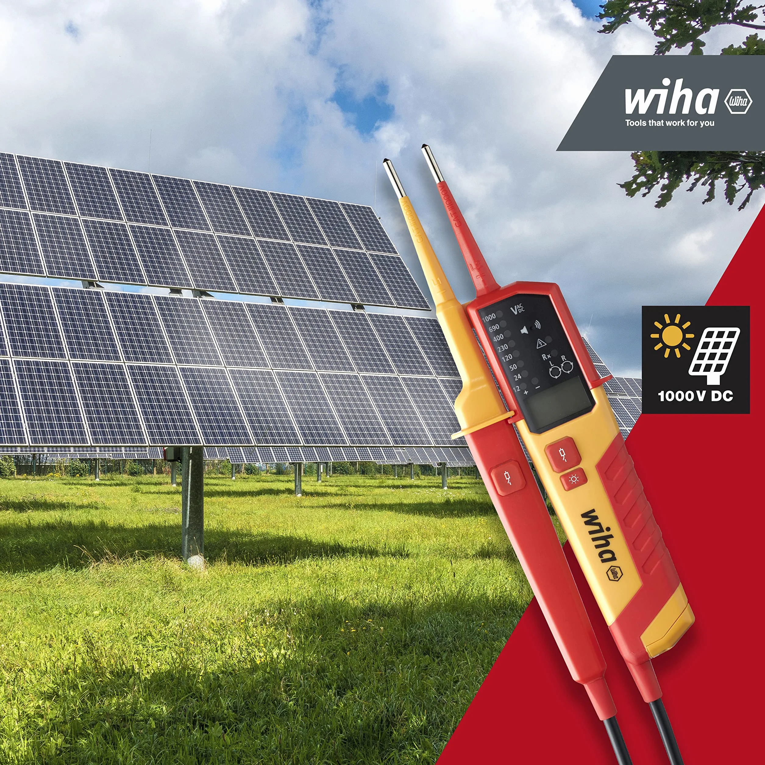 Wiha Tester napięcia i ciągłości 1500 V, CAT IV w zestawie 2 x baterie AAA I kompatybilny z fotowoltaicznymi I LED/LCD (45217), czerwony/żółty