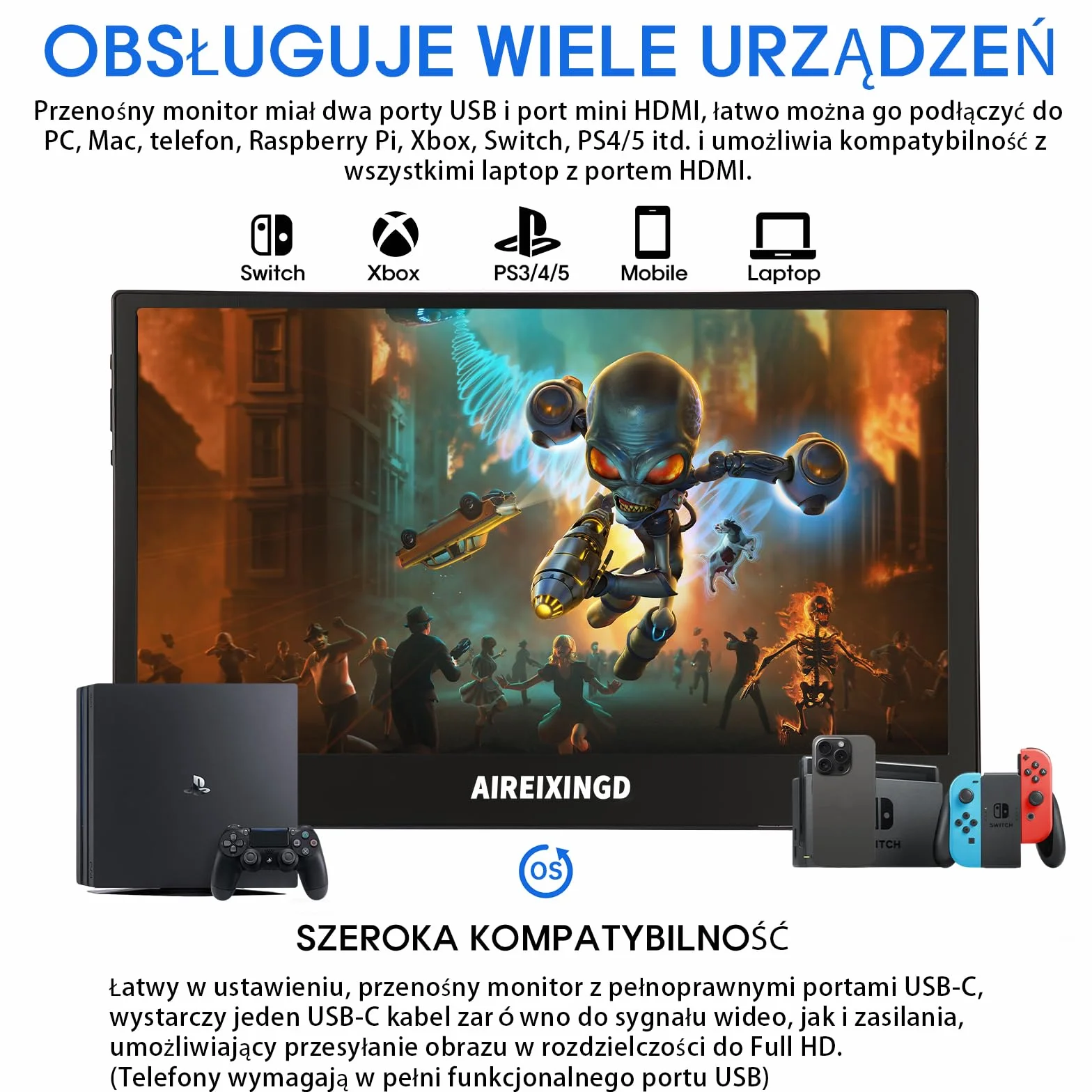 Przenośny Monitor 15.6" 144Hz 1ms 1920x1080 FHD IPS HDR Gamingowy USB C HDMI VESA