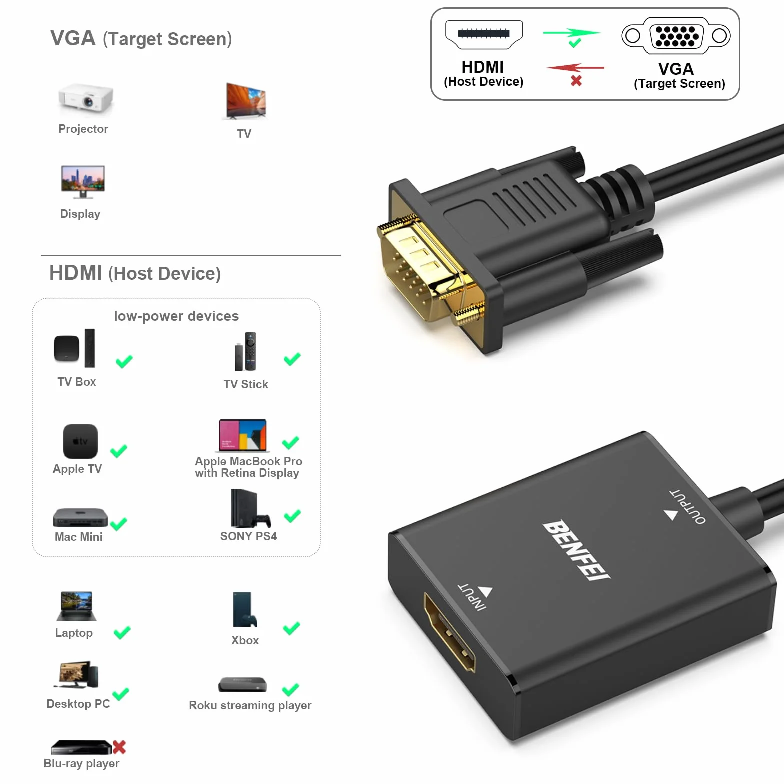 BENFEI Adapter HDMI na VGA, żeńskie wejście HDMI na męski adapter wyjścia VGA z gniazdem audio 3,5 mm, kompatybilny z TV Stick, komputerem, laptopem, monitorem, projektorem, Raspberry Pi, Roku, Xbox i