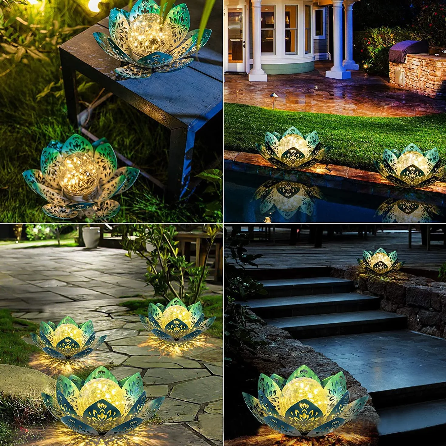 Lampa solarna do użytku na zewnątrz, dekoracja ogrodowa, wodoodporna, z otworami, motyw kwiatu lotosu, pęknięta szklana kula, do ustawienia na trawniku (zielona)