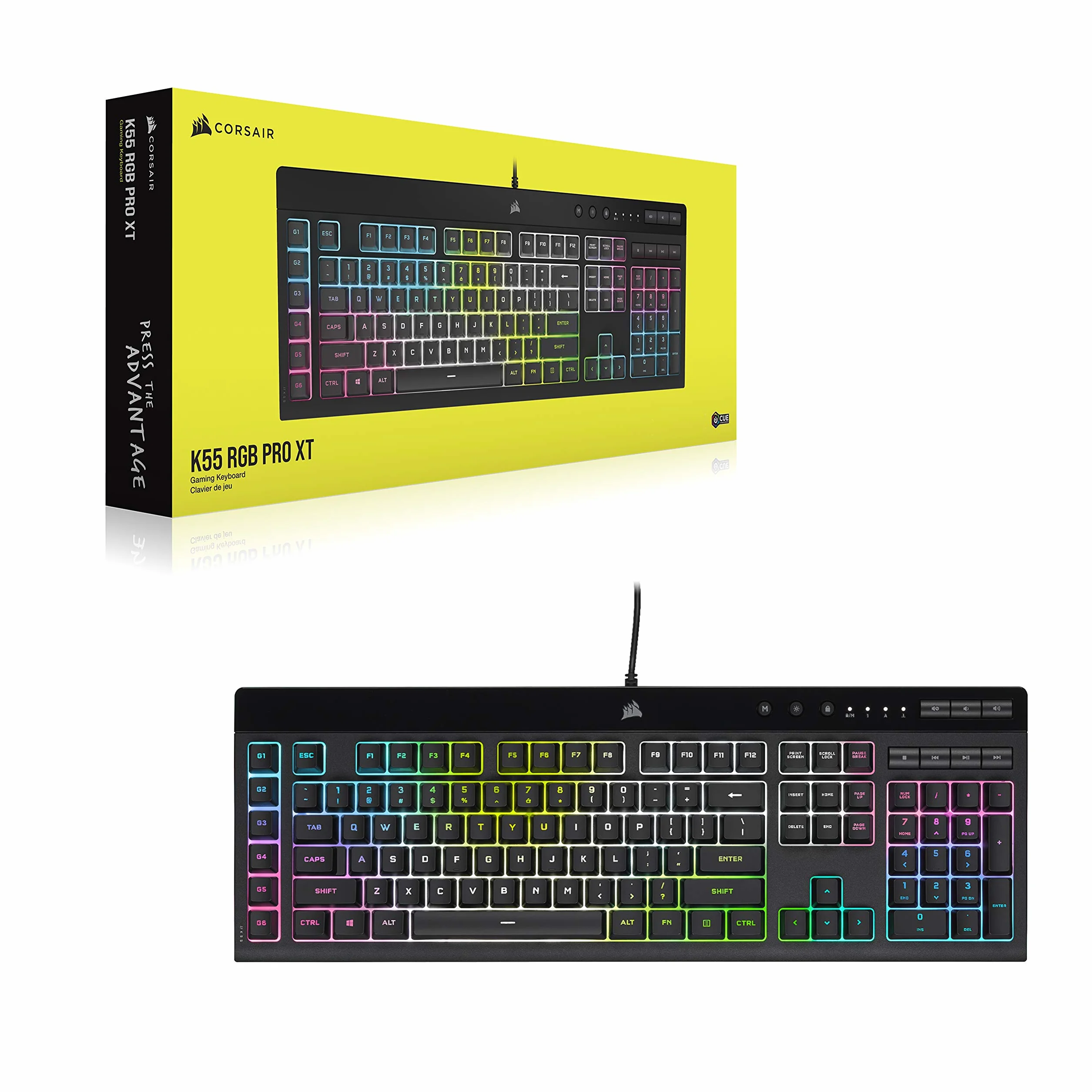 CORSAIR K55 RGB PRO XT przewodowa klawiatura do gier, IP42, odporna na kurz i zalanie, 6 klawiszy makro z integracją Elgato, kompatybilna z iCUE, QWERTY UK, PC, Mac, Xbox, czarna