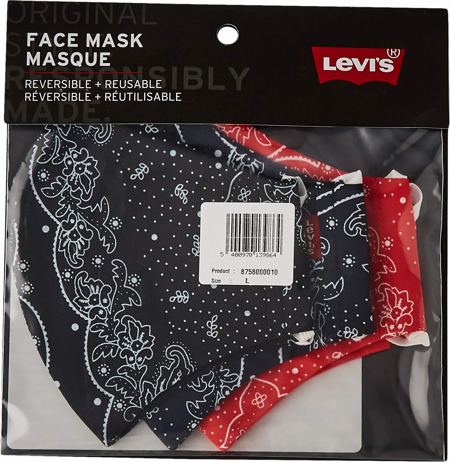 Levi's 3pk Bandana wielokrotnego użytku pokrowiec na twarz, niebieski/czarny/czerwony, S
