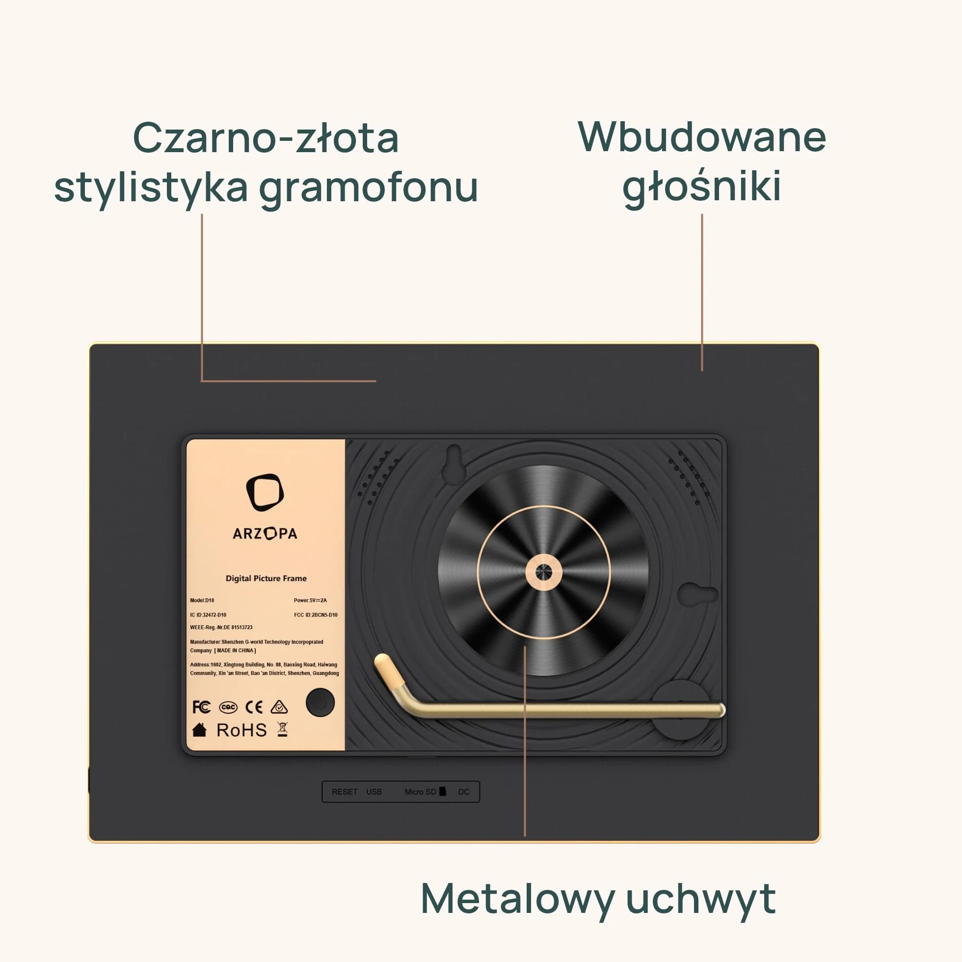 ARZOPA Cyfrowa Ramka na Zdjęcia WiFi 10,1" IPS Ekran Dotykowy HD Metalowa Bez Abonamentu D10 GOLD