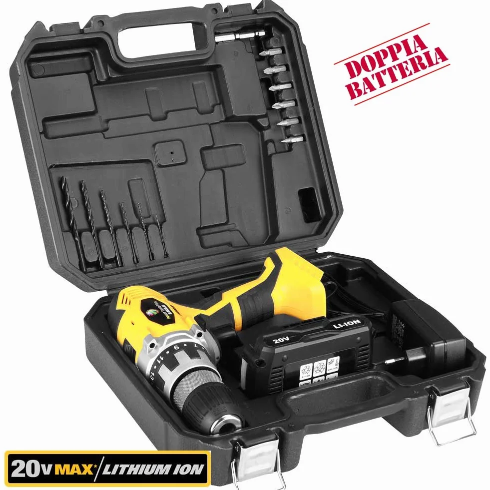 Bakaji Power Tools Wiertarka litowo-akumulatorowa w walizce akumulatorowa podwójna prędkość (wiertarka 20V + 2 baterie litowo-jonowe)