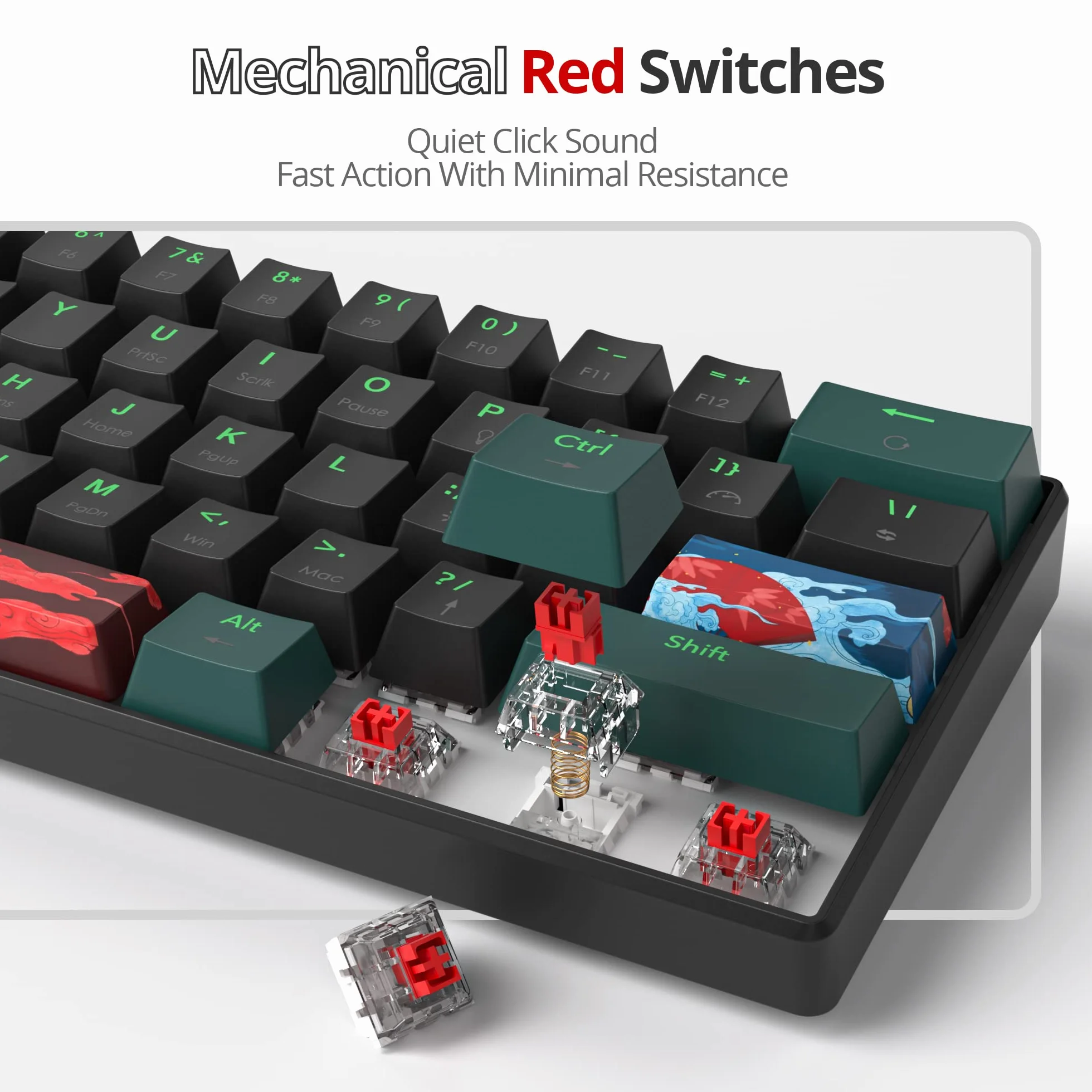 SOLIDEE 60% Mechaniczna klawiatura do gier,61 klawiszy z przełącznikami liniowymi mechaniczna klawiatura z podświetleniem LED,ergonomiczna klawiatura z mieszany oświetleniem(61 Black-Green)