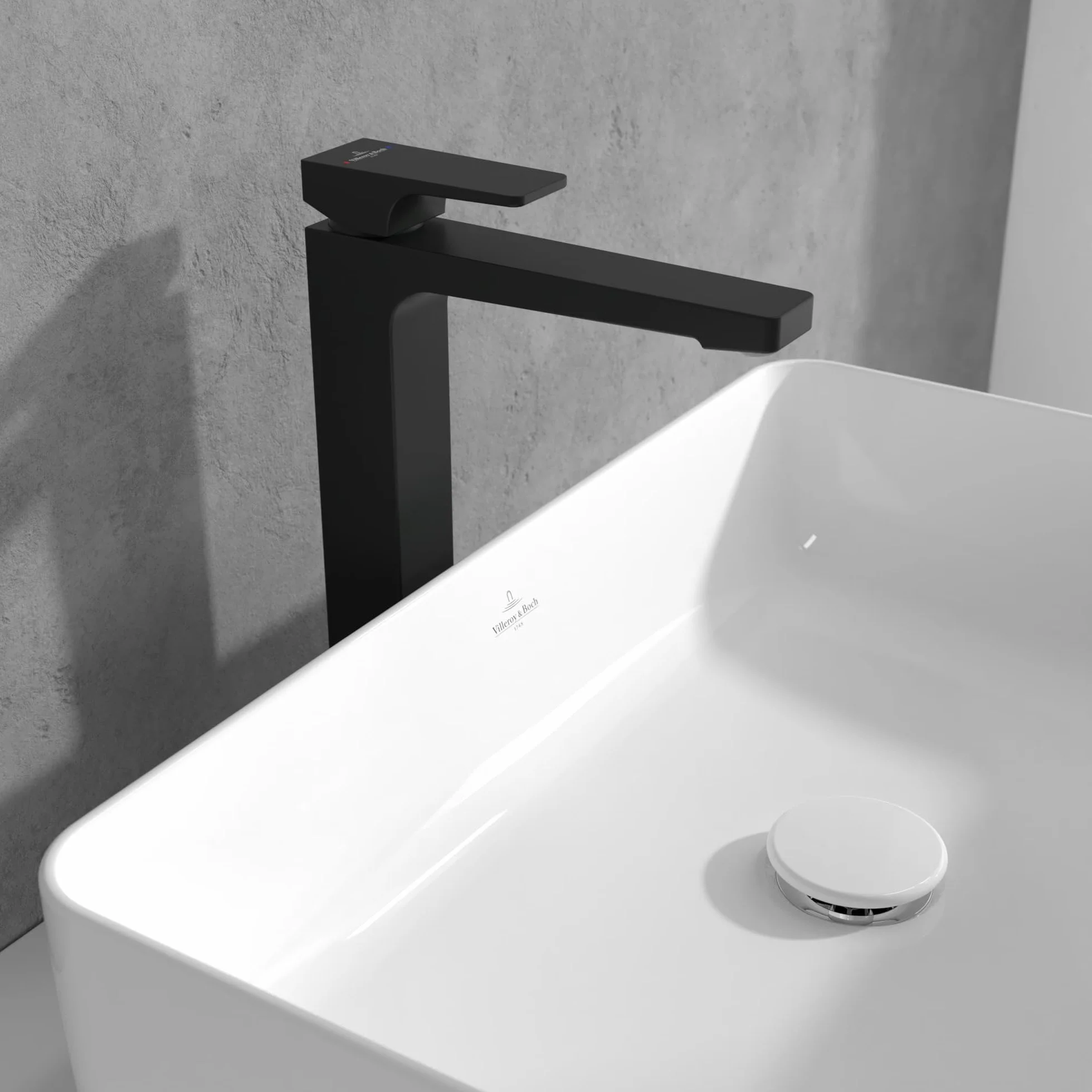 Villeroy & Boch Architectura Square armatura umywalkowa, podwyższona, kran łazienkowy z zestawem odpływowym Push-Open, bateria umywalkowa, oszczędzająca wodę, wysokość wylotu 258 mm, prostokątna,
