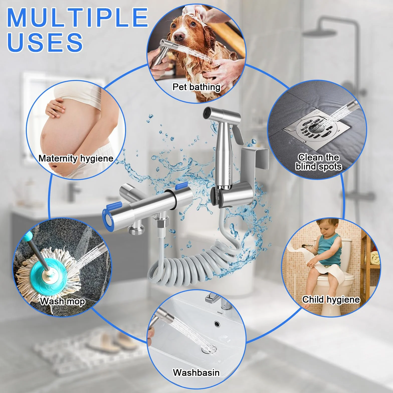 Bidet słuchawka prysznicowa, bidet ze stali nierdzewnej, uniwersalne przyłącze G1/2", wąż sprężynowy 2 m, uchwyt ścienny, głowica prysznicowa ze stali nierdzewnej, do kąpieli dla zwierząt