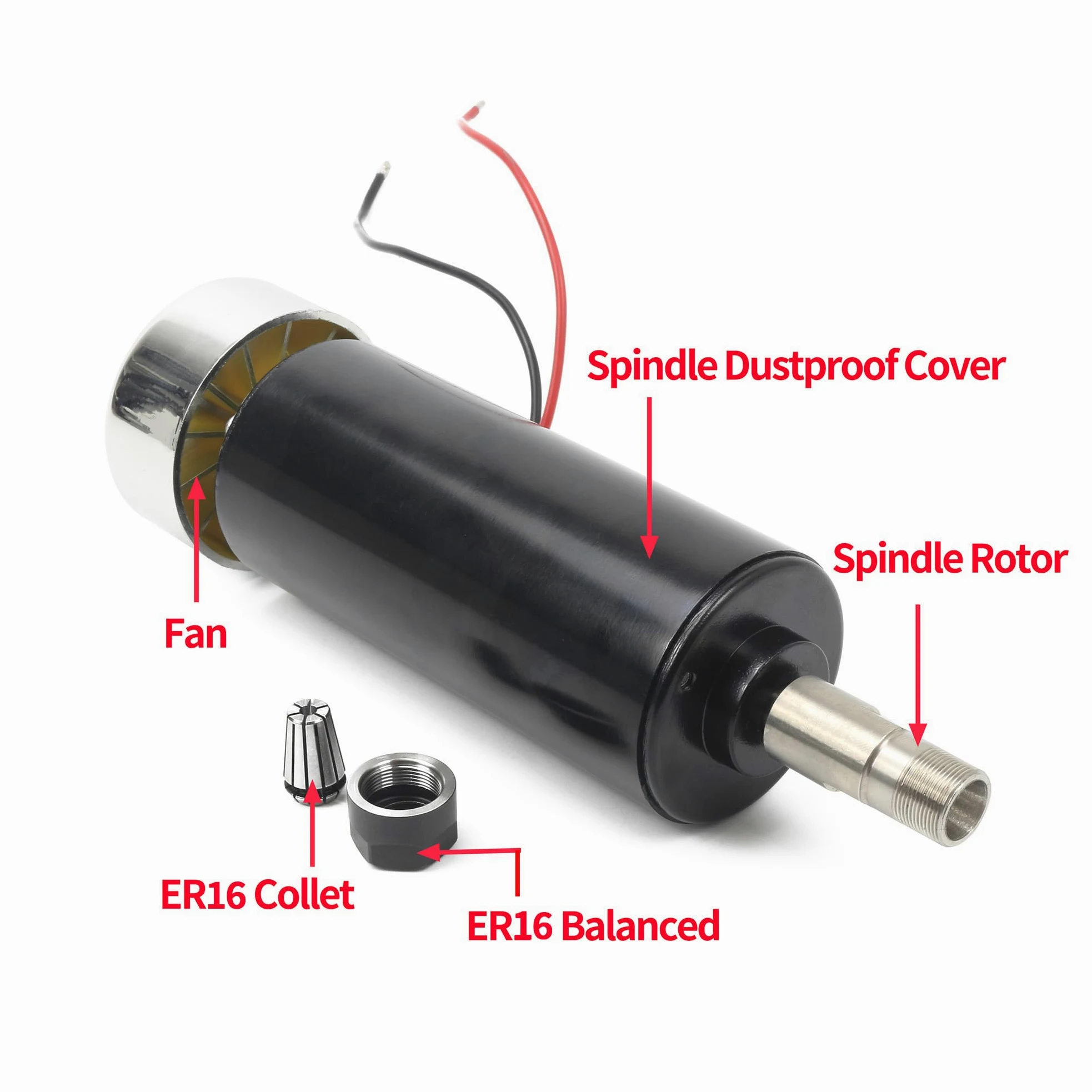 RATTMMOTOR Silnik wrzecionowy 500 W, silnik wrzecionowy CNC 52 mm 48 VDC ER16 chłodzenie powietrzem 12000 obr./min + 8 mm ER16 tuleja zaciskowa do samodzielnego grawerowania/frezarki CNC
