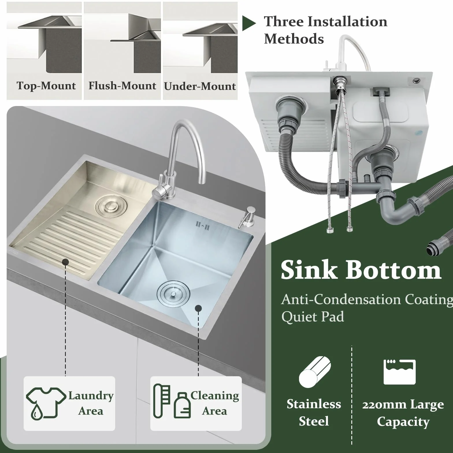 Stainless Steel Laundry Sink With Washboard – Handmade Utility Basin For Laundry Room, Workshop & Garage – Durable Brushed Finish, Deep Basin With Efficient Drainage(Left-a,60cm)