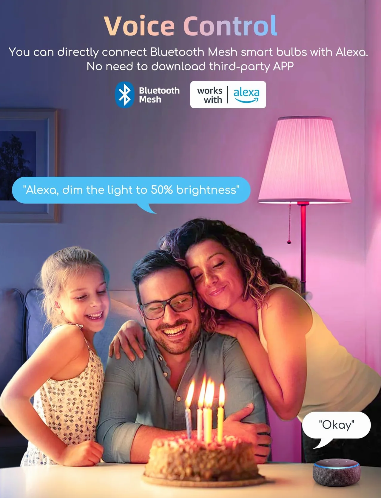 Aigostar - Inteligentna żarówka C37 Mesh Bluetooth. 2700–6500K, ściemnialna RGB. Gwint E14, 6,5 W, 555 lm. Inteligentna żarówka LED kompatybilna z Alexą. W zestawie pilot. 6 sztuki