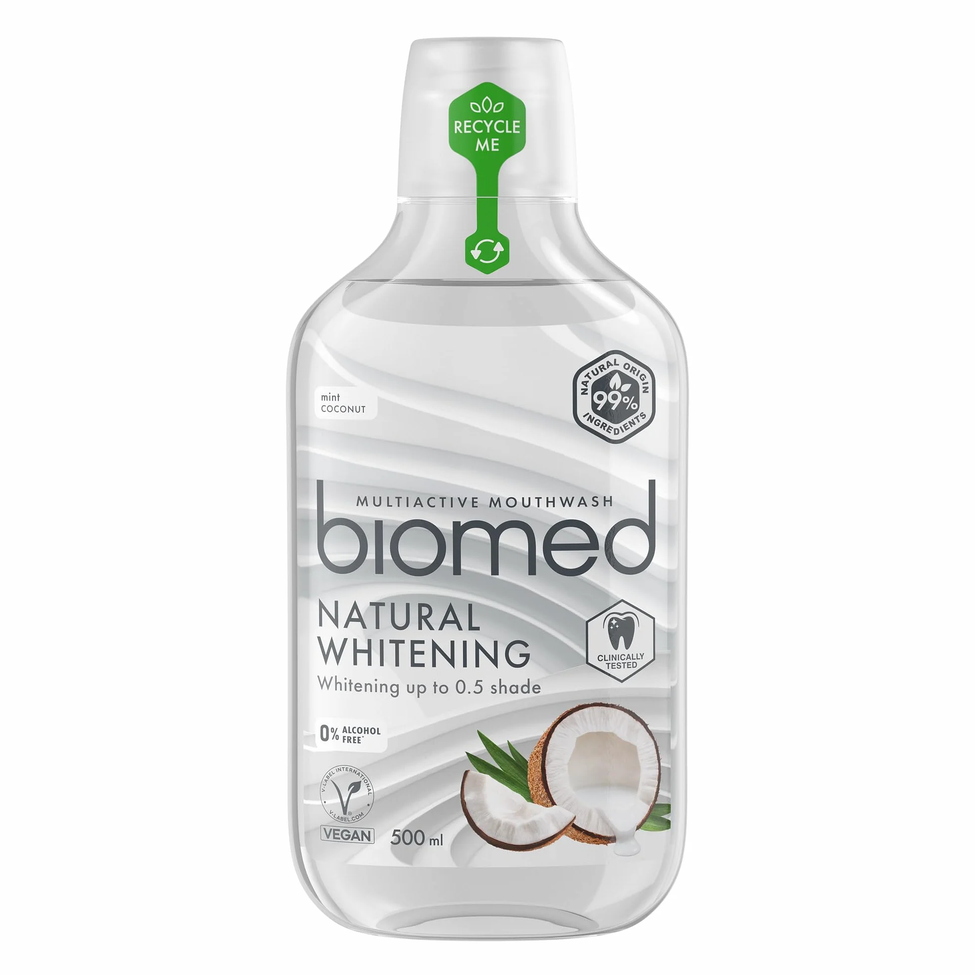 BIOMED Superwhite płyn do płukania jamy ustnej do łagodnego wybielania zębów-bez fluoru-bez alkoholu-99% naturalnych składników-smak kokosowy i miętowy-Opakowanie 500 ml
