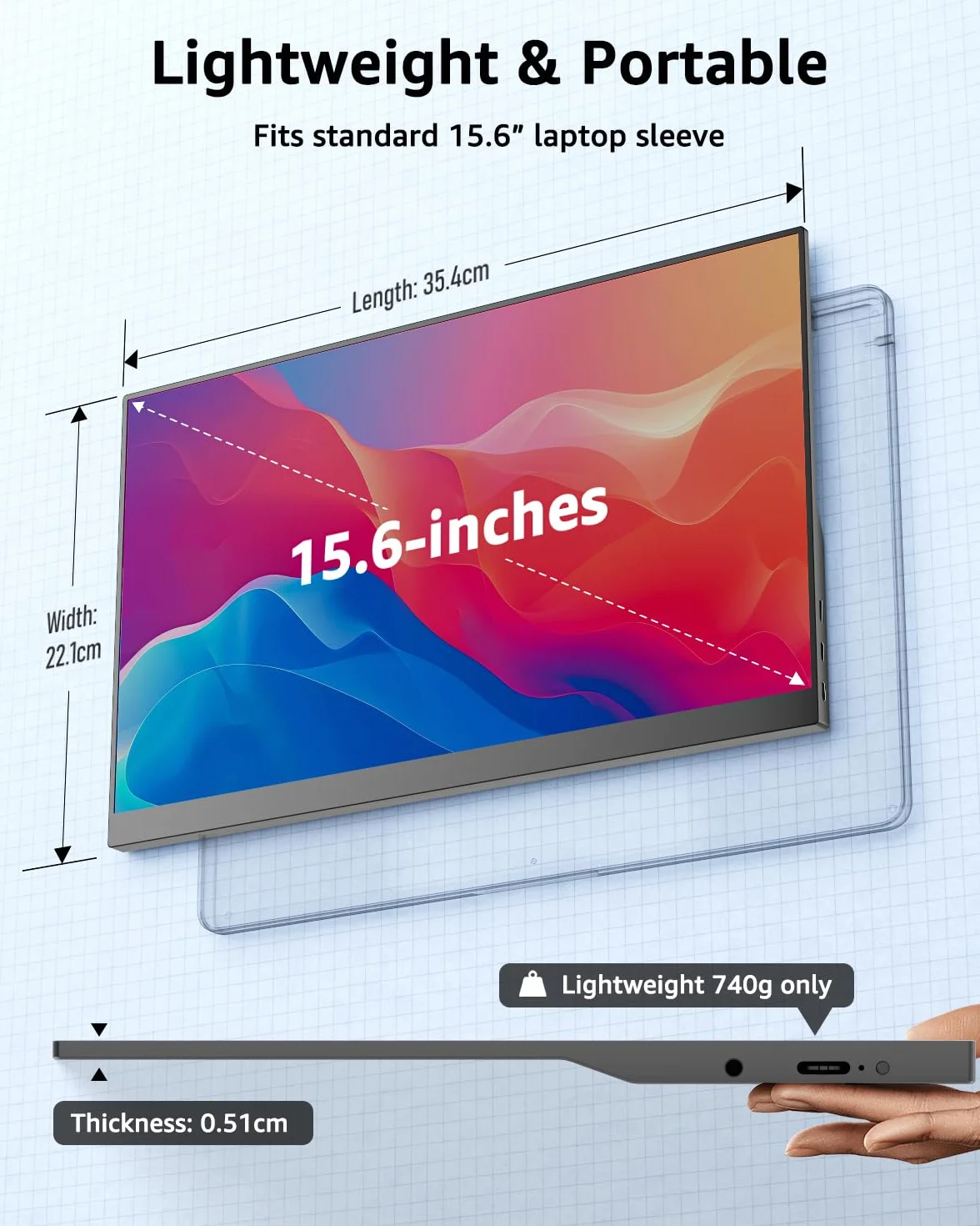 Yodoit przenośny monitor 15,6" FHD 1920x1080P IPS | Łączność USB-C i HDMI, wbudowane głośniki, z inteligentną okładką, do laptopa, PC, Mac, PS3/4/5, Xbox