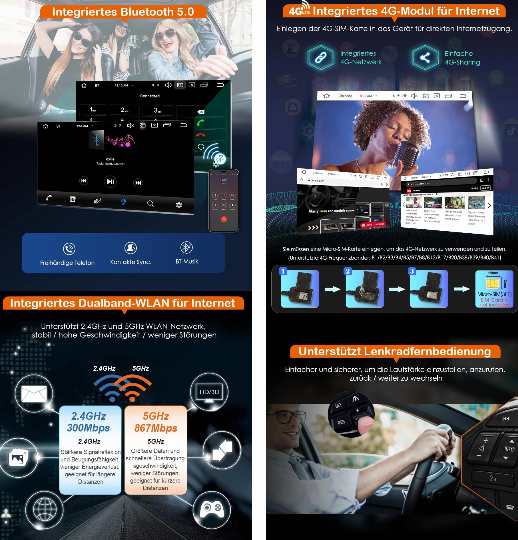 Radio samochodowe Erisin 2 Din Android 14 4GB+64GB GPS Bluetooth 5.0 CarPlay Android Auto DSP WiFi DAB+ RDS SWC dla Forda Focus Mondeo S-Max C-Max Galaxy