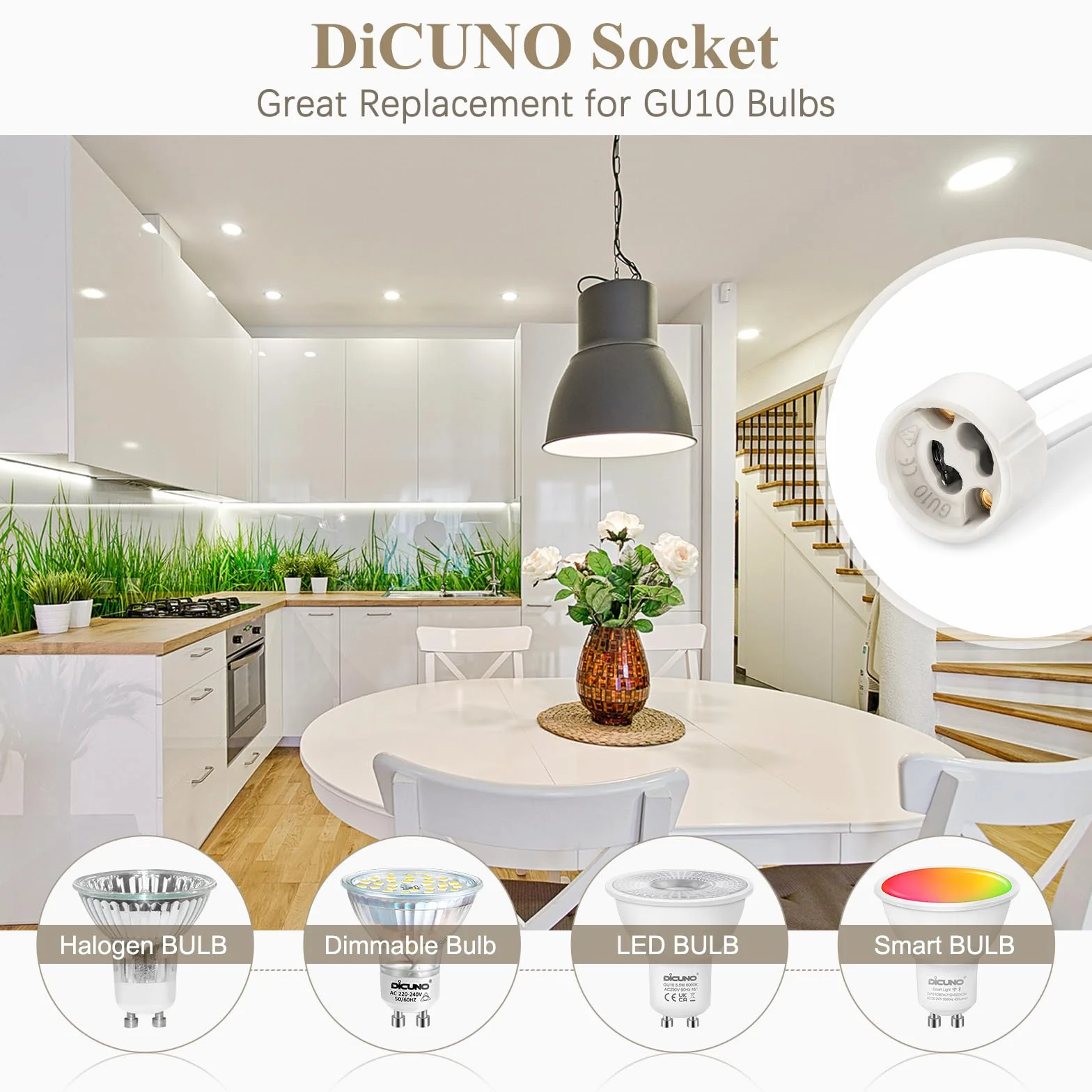 DiCUNO GU10 uchwyt lampy 0,75 mm² drut silikonowy złącze GU10 ceramiczna podstawa do LED i halogenów, 250 V, maks. 300 W, 10 sztuk