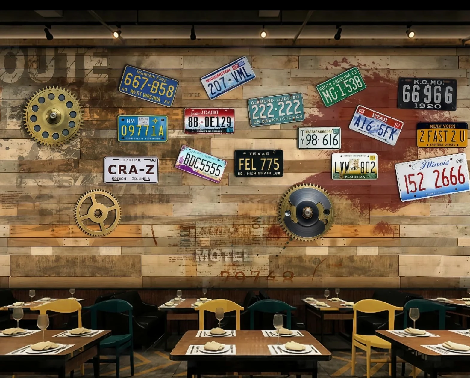 Tapeta retro drewniana tablica tablica rejestracyjna graffiti litery tematyczne bar sklep z napojami zachodnia restauracja tło fototapeta popołudniowa herbata kawiarnia tapeta 3D, 250 x 175