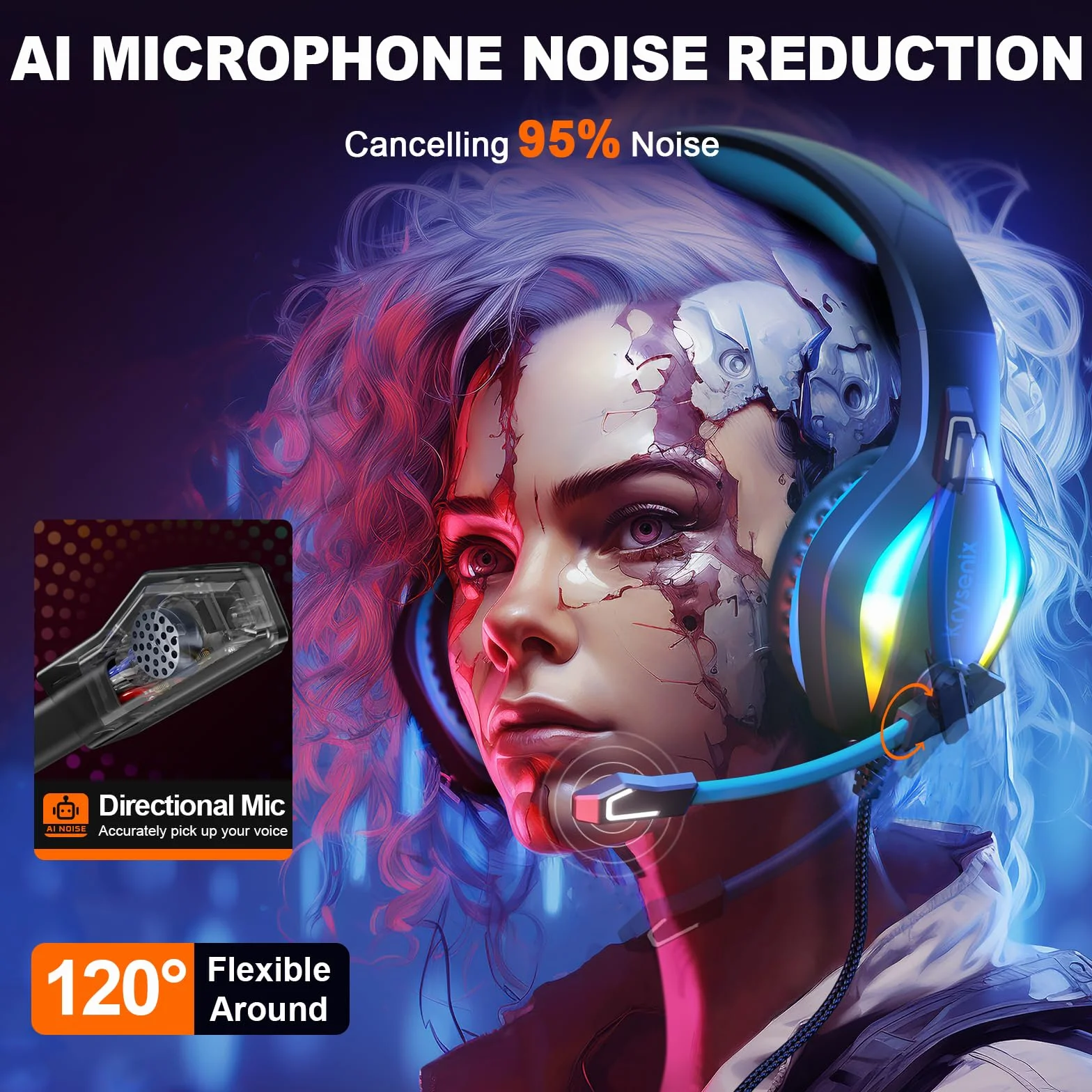 Krysenix Zestaw Słuchawkowy PG1 do PS4/PS5/PC/Nintendo Switch/Xbox One, Stereo AI z Mikrofonem, 3,5 mm, RGB, Jasnoczarny + Niebieski