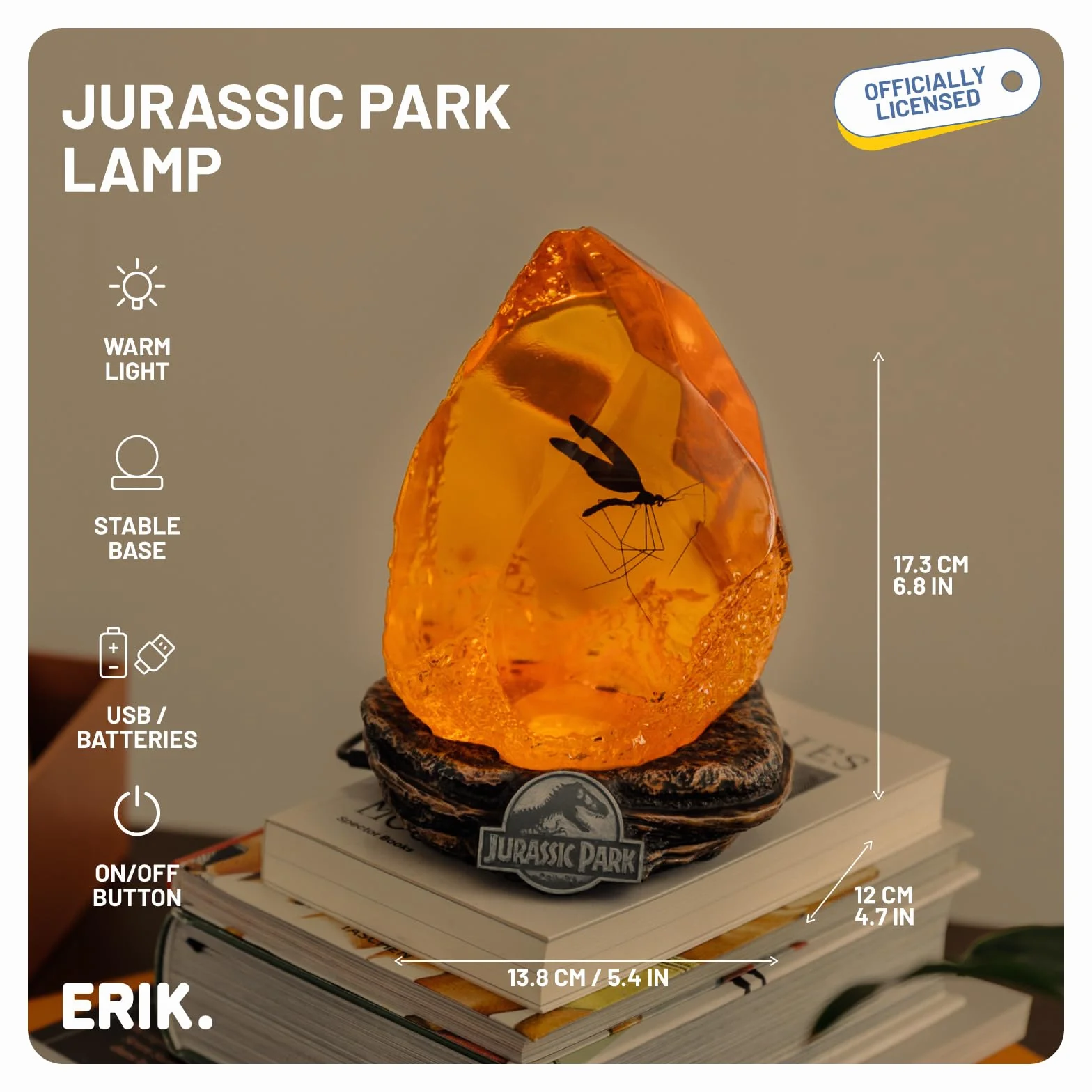 Grupo Erik Jurassic Park Lamp | Mosquito In Amber Table Lamp | Jurassic Park Merchandise | Jurassic Park Mosquito Desk Lamp | LED Lamp | Jurassic Park Gifts