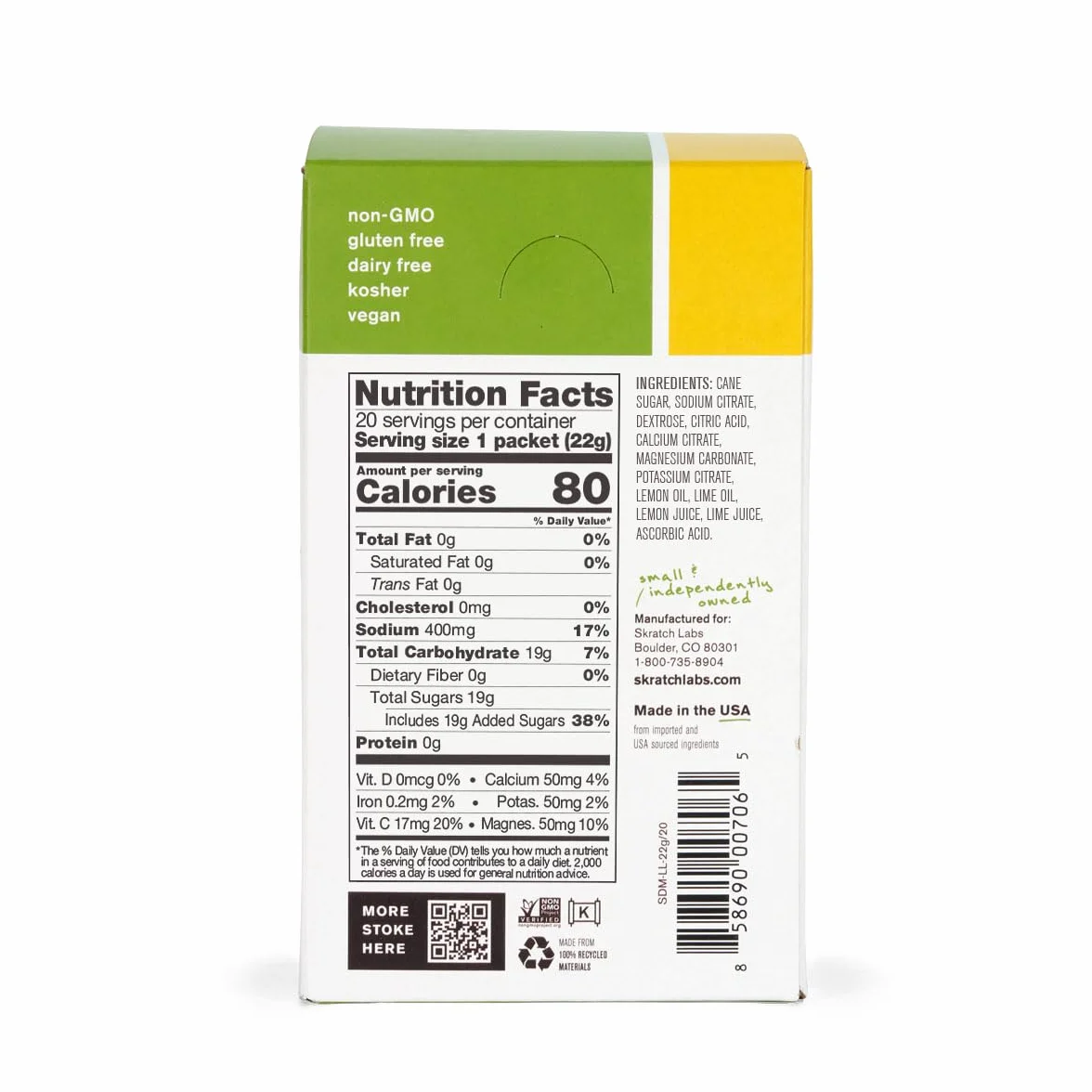 SKRATCH LABS Sport Hydration Drink Mix | Kohlenhydrate, Elektrolyte Pulver | 20x22g | Zitrone + Limette | Ausdauer, Training, Wettkampf | Glutenfrei, Vegan