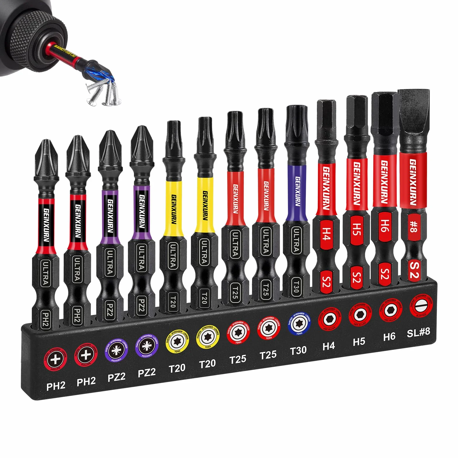 GEINXURN 13-częściowy zestaw bitów 50 mm PH PZ Torx Hex SL zestaw bitów udarowych, 1/4 cala sześciokątny trzpień S2 stal stopowa magnetyczny zestaw bitów do wkrętarek, ultra kod koloru