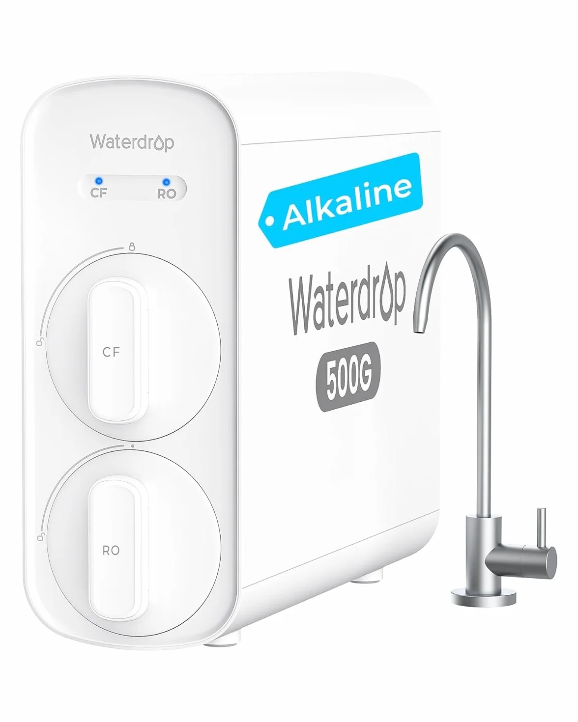Waterdrop G5P500A alkaliczny mineralny filtr wody pH + odwróconej osmozy, certyfikat NSF/ANSI 372, 8-stopniowy system odwróconej osmozy, system filtracji wody RO 500G, czysty do spuszczania 2:1