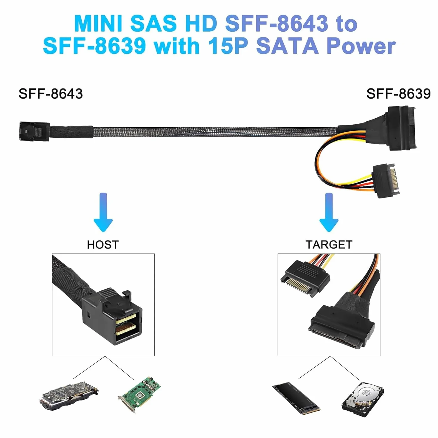 XMSJSIY Mini SAS HD SFF-8643 na SAS 8639 12 Gb/s wewnętrzny serwer NVMe kabel połączeniowy SSD z 15-biegunowym zasilaczem SATA 50 cm/19,6 cala