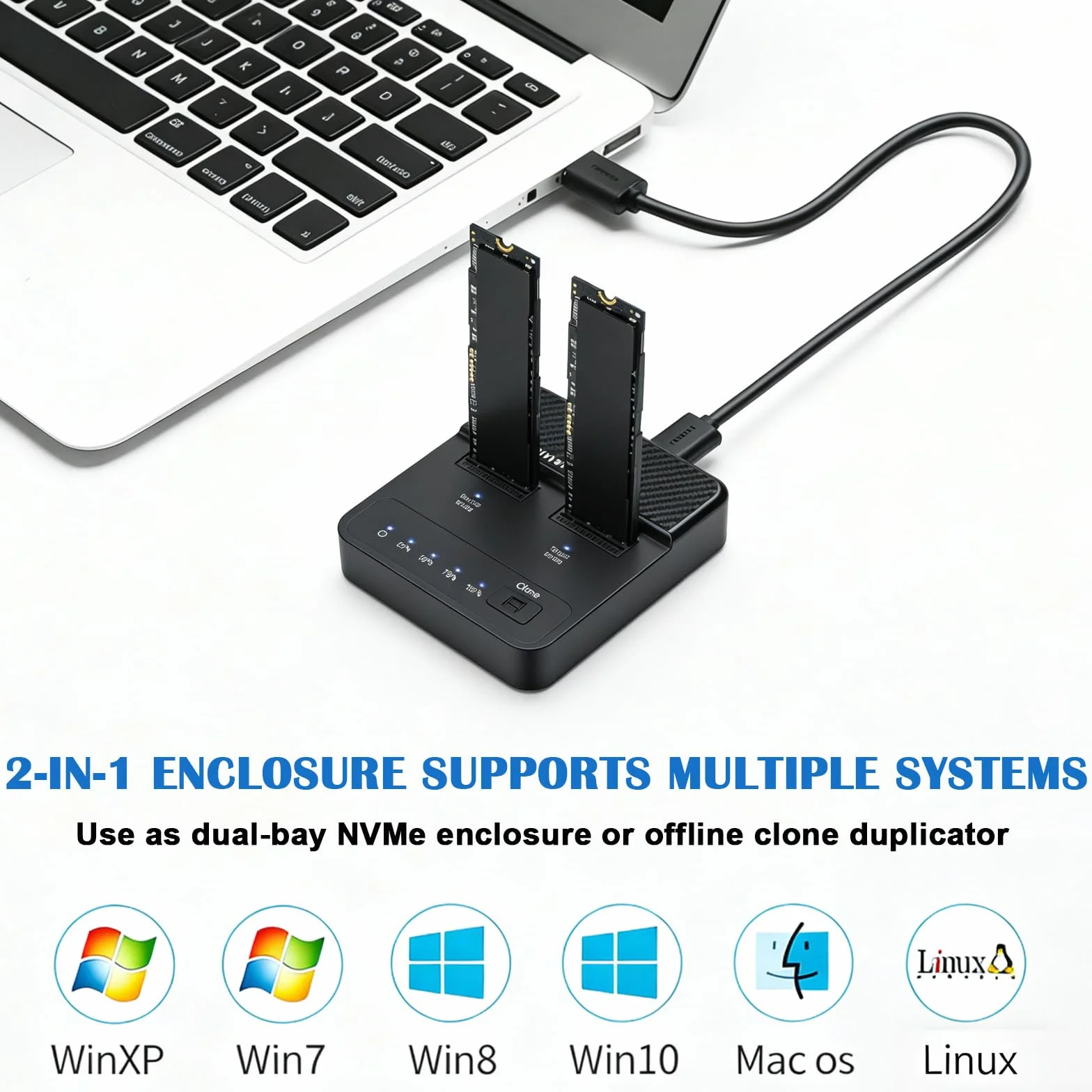M.2 NVMe & SATA Stacja dokująca, stacja dokująca do dysków twardych 20 Gbps Dual Bay M2 NVMe SSD obudowa USB 3.2 Gen 2 Reader Duplicator Offline Clone Station do 2230/2242/2260/2280 NVMe