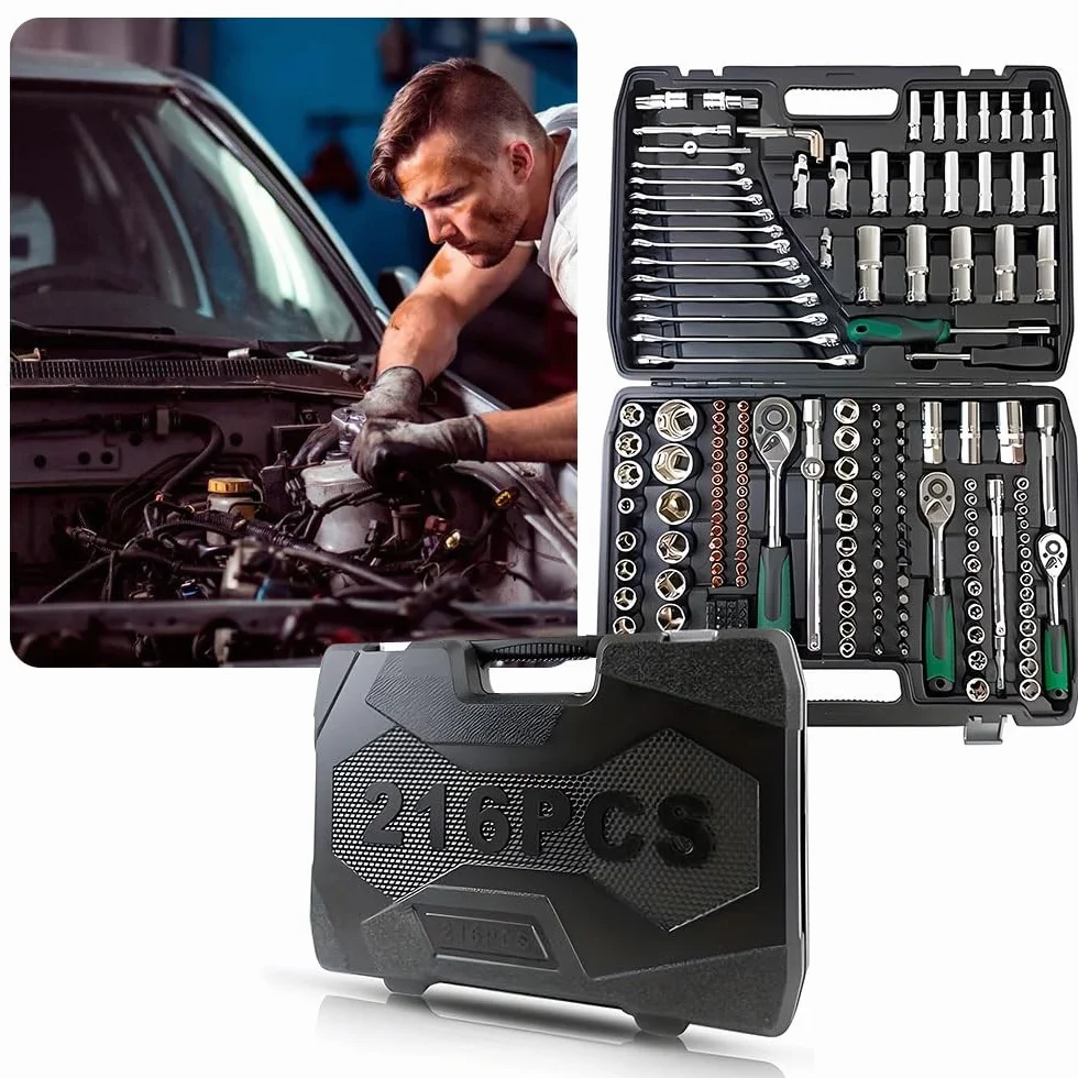 zestaw narzędzi 216-częściowy zestaw narzędzi dla mechaników 1/4" 3/8" 1/2" Zestawy kluczy nasadowych z 24-zębowymi zestawami grzechotkowych do motocykli samochodowych