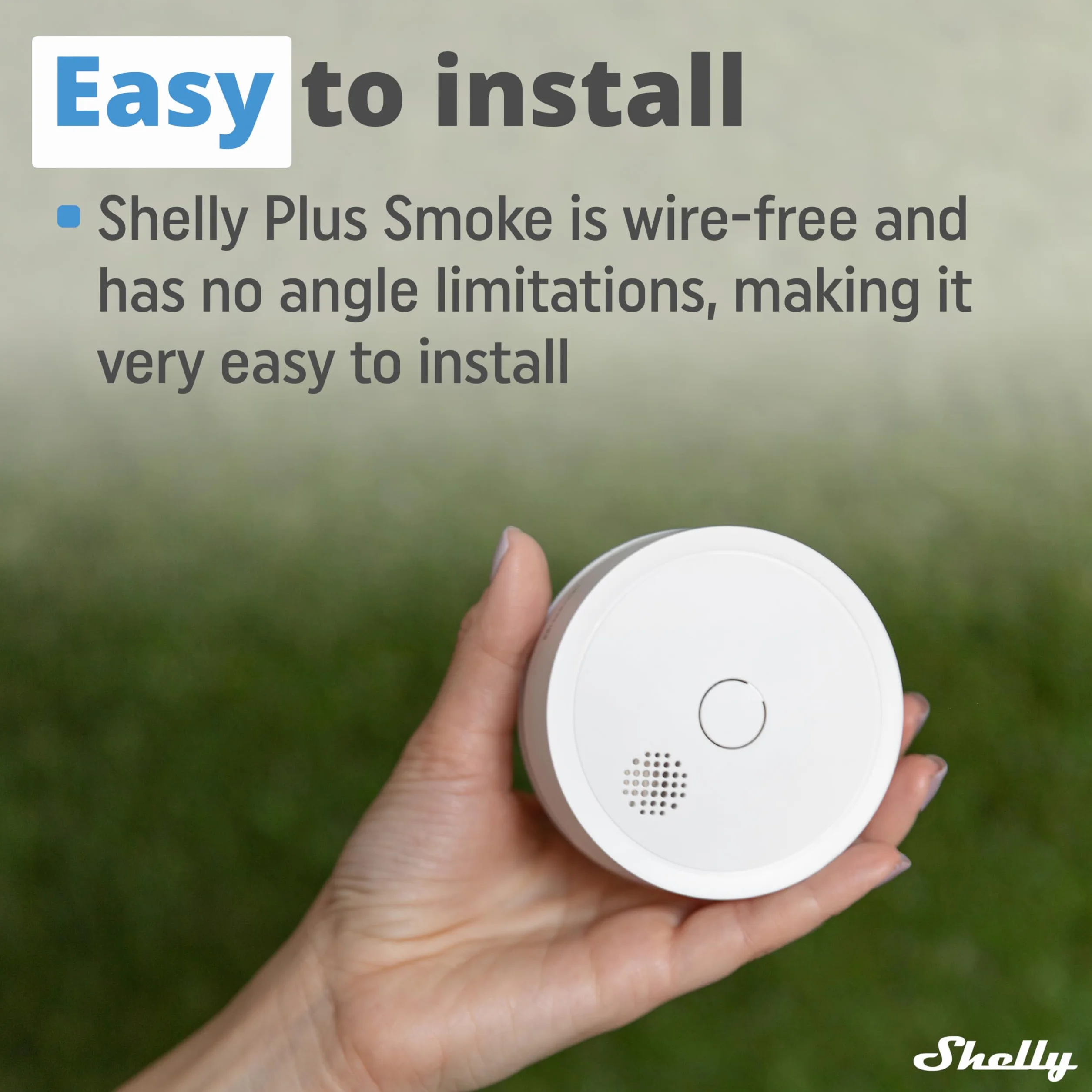 Shelly Plus Smoke, Alarm Dymu i Pożaru, Czujnikiem Fotoelektrycznym, 5-letnia Żywotność Baterii, EN 14604, Wskaźniki LED i Dźwiękowe, Natychmiastowe Powiadomienie, Wi-Fi Bluetooth, Alexa Google Home