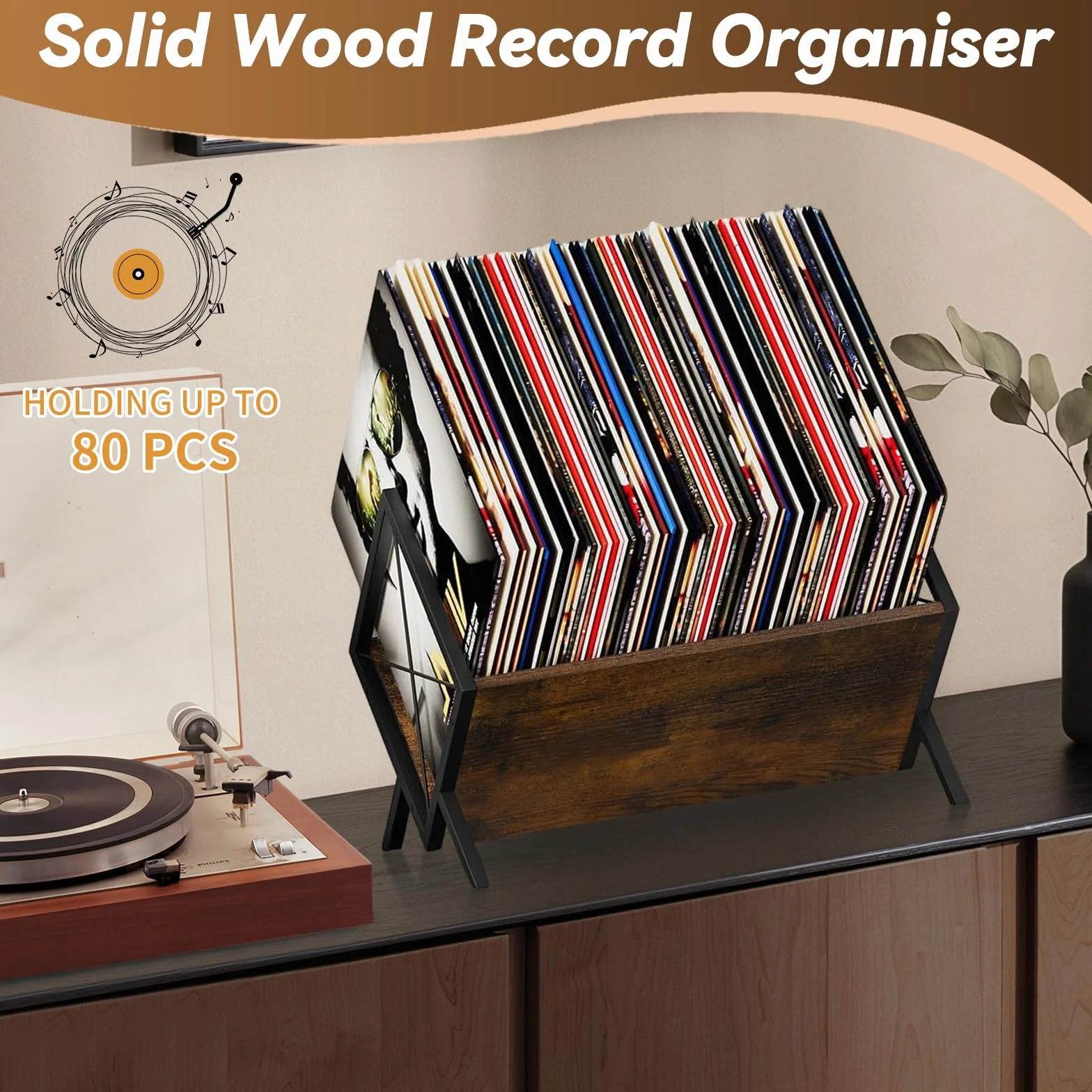 Przechowywanie płyt winylowych, regał w stylu retro, z drewna, z regulowaną ścianką działową, książkami i winylem, stojakiem na płyty winylowe, organizer na płyty CD, albumy, czasopisma, książki itd.