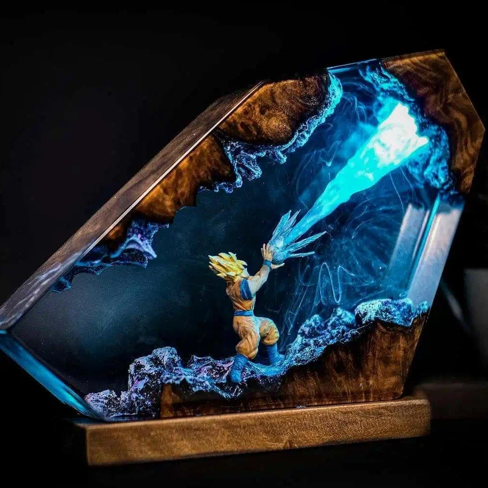 Lampka nocna 3D z żywicy Dragon Ball, żywicowy pomnik Son Goku z drewnianym cokołem, lampka nocna z kablem USB i 16 kolorową zdalnie sterowaną wielokolorową lampą LED, sztuka sztuki do biurka
