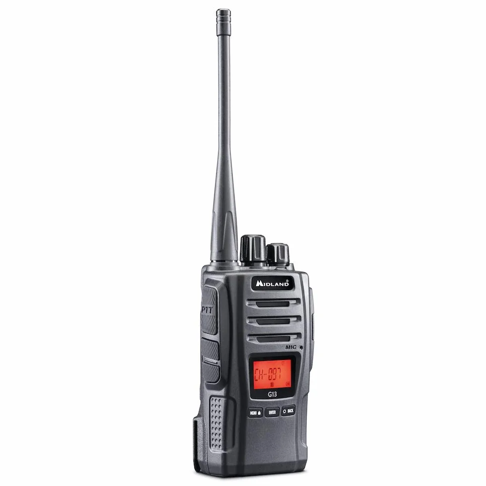 Midland G13 C1462, Walkie Talkie Recargable, Transceptor Radio Semiprofesjonalny z 99 Kanałami PMR446, Funkcja VOX, Wodoodporny IPX4, Bateria Litowo-Ionowa 2600mAh do 40 Godzin, Czarny