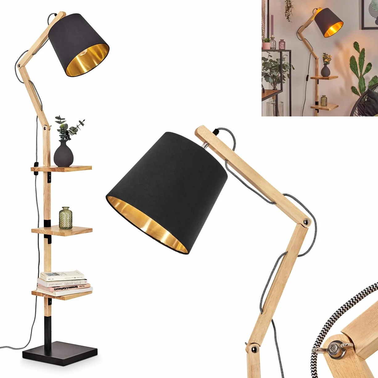 HOFSTEIN Lampa stojąca Tukchor, drewniana / metalowa / naturalna tkanina/czarna/złota, regulowana lampa z półkami i przełącznikami, 152,5 cm, E27, salon, sypialnia, jadalnia