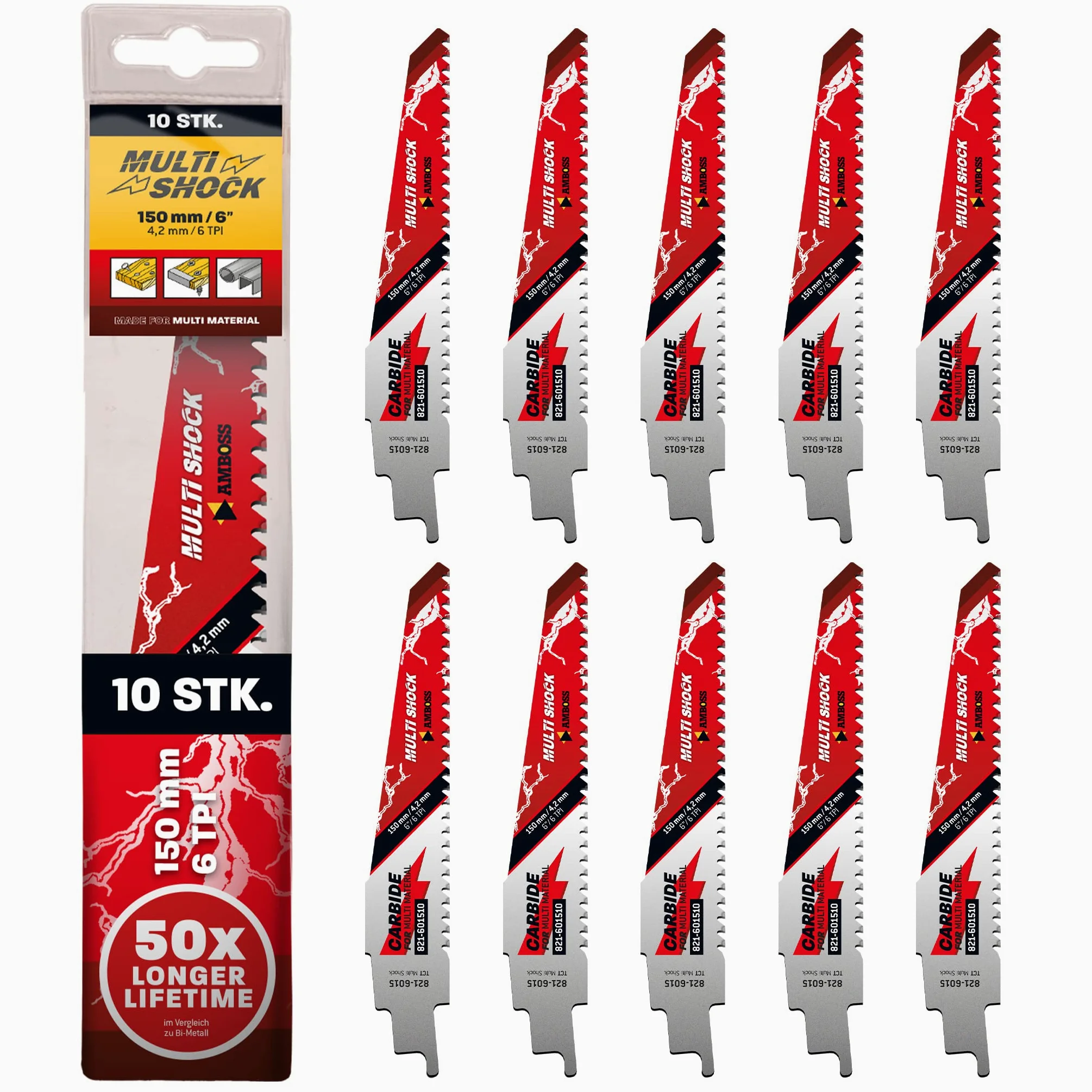 AMBOSS MULTI SHOCK – 10 x brzeszczot do piły szablastej długość 150 mm / 6 ZpZ – idealny do drewna z gwoździami i drewnem ze śrubami oraz stalą – wiele materiałów