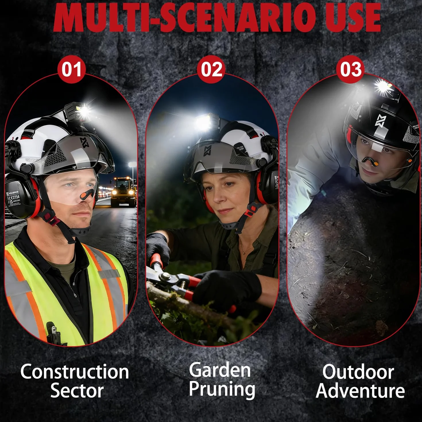 HEARMOR VOLTEK CE EN397 kask ochronny z certyfikatem CE EN397 z lampą czołową LED + wizjerem i ochroną słuchu | do prac leśnych, prac budowlanych i wspinaczki | wysokiej jakości kask roboczy z