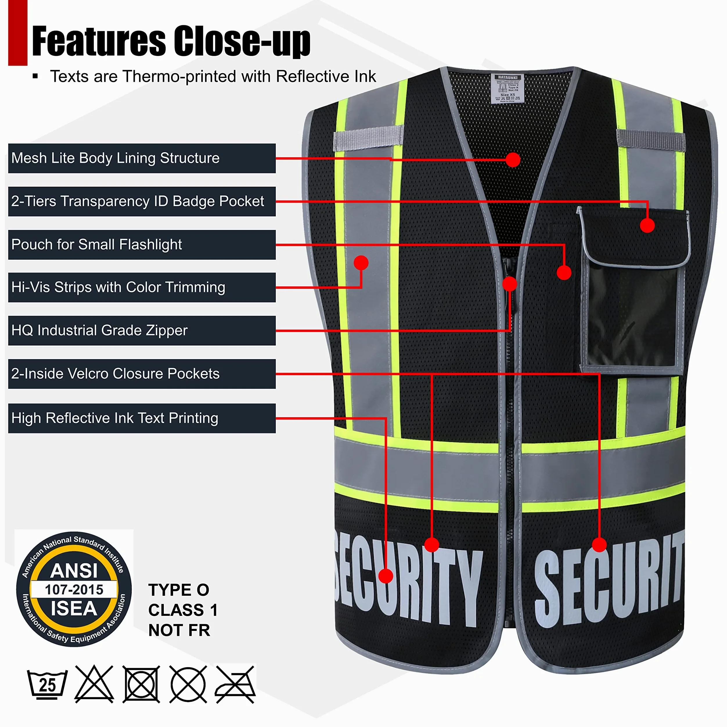 Retro-Reflection Security Safety Vests Heavy Duty Black Mesh with 5 Pockets and Front Zipper Meet ANSI/ISEA 107-2015 (Black-22, Medium)