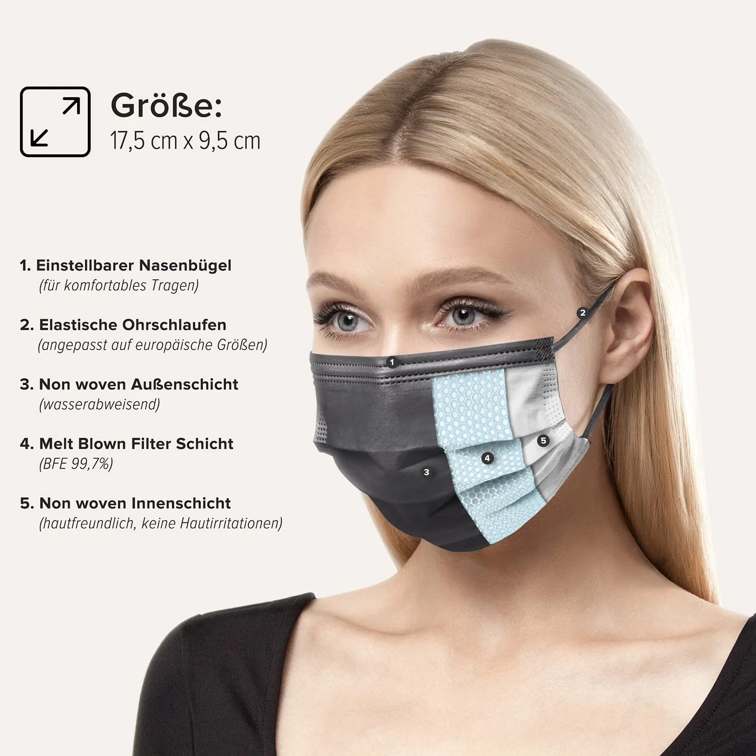 HARD 50 x maska chirurgiczna | Made in Germany | Oeko-Tex Standard 100 | medyczna ochrona jamy ustnej | MNS typ II | wysokiej jakości ochrona dróg oddechowych | 3-warstwowe | jednorazowe maski na