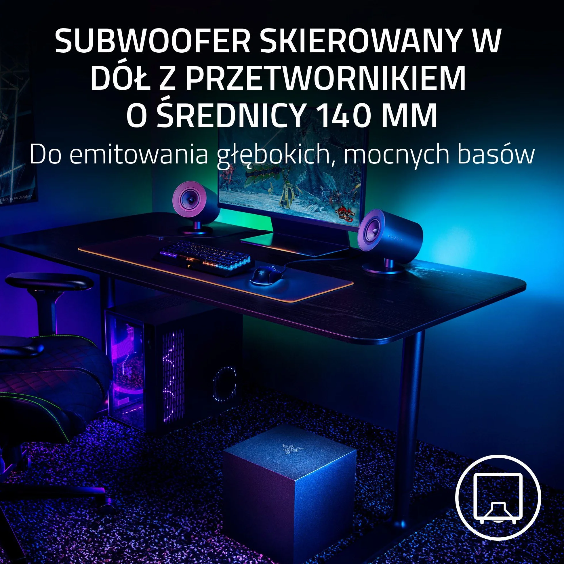 Razer Nommo V2 2.1 szerokopasmowe głośniki do gier PC z subwooferem przewodowym THX Audio Czarny