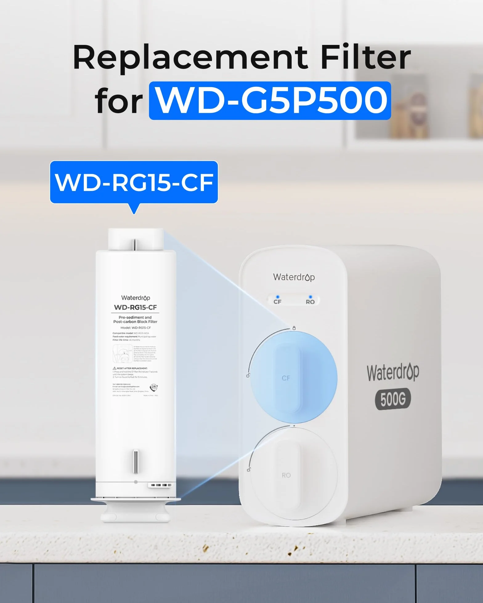 Waterdrop Filtr WD-G5P500-CF, zamiennik dla systemu odwróconej osmozy pod zlewem WD-G5P500, żywotność 6 miesięcy