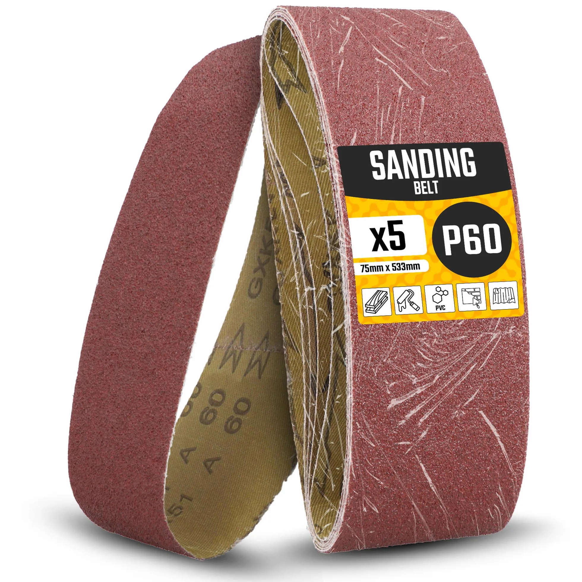 5x Pas Bezkońcowy 75x533 mm P60 Taśma Szlifierska Papier Ścierny Szlifierki Taśmowej Szlifowania Ostrzenia Usuwania Rdzy Zdzierania Wytrzymała Tkanina