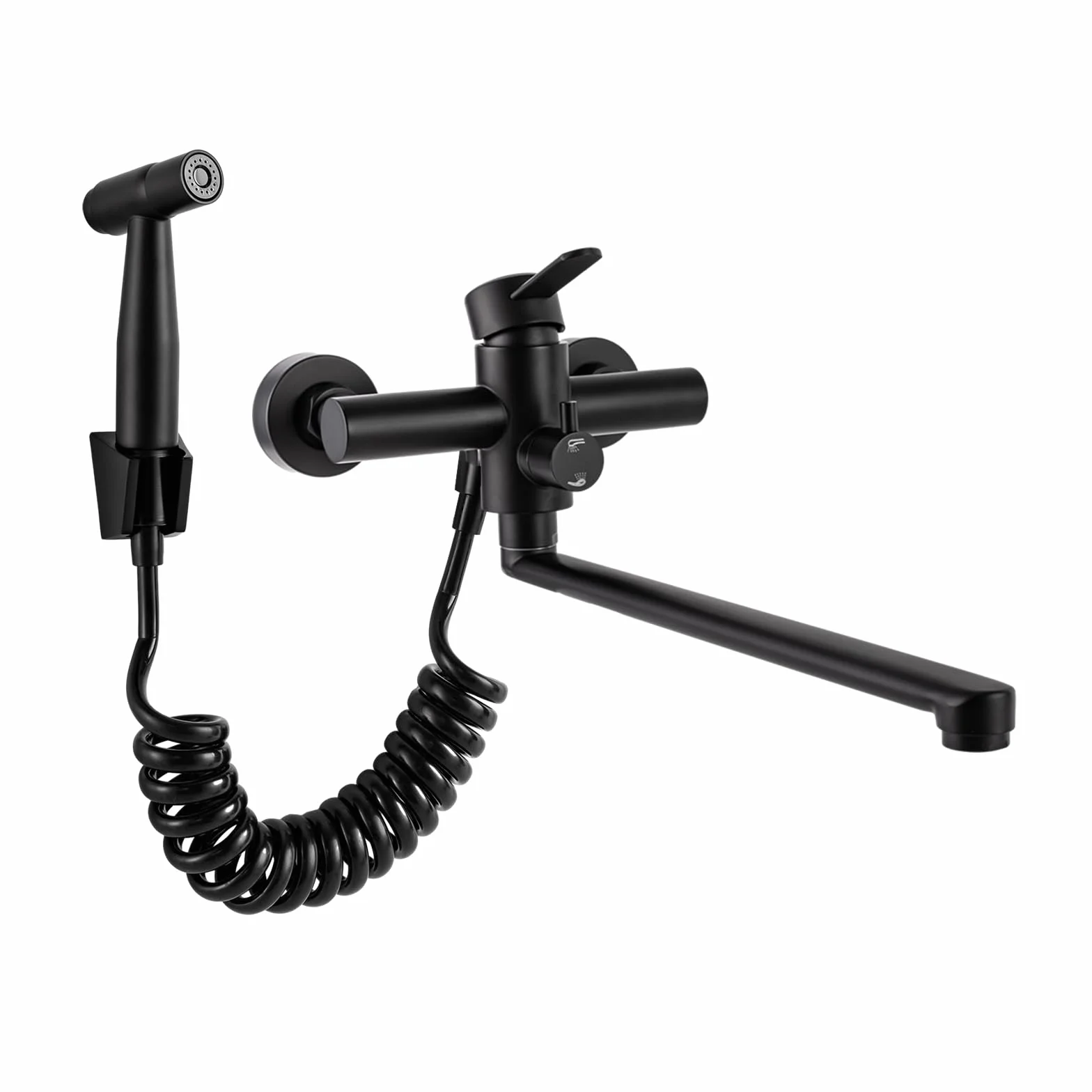Bateria kuchenna ścienna, czarna, wylewka 35 cm – ze stali nierdzewnej SUS304, tryb odpływu 3 w 1 i termostat, jednouchwytowa bateria do wbudowania/podwójnego zlewu (odstęp otworów 15 cm), 41 × 19,5 ×