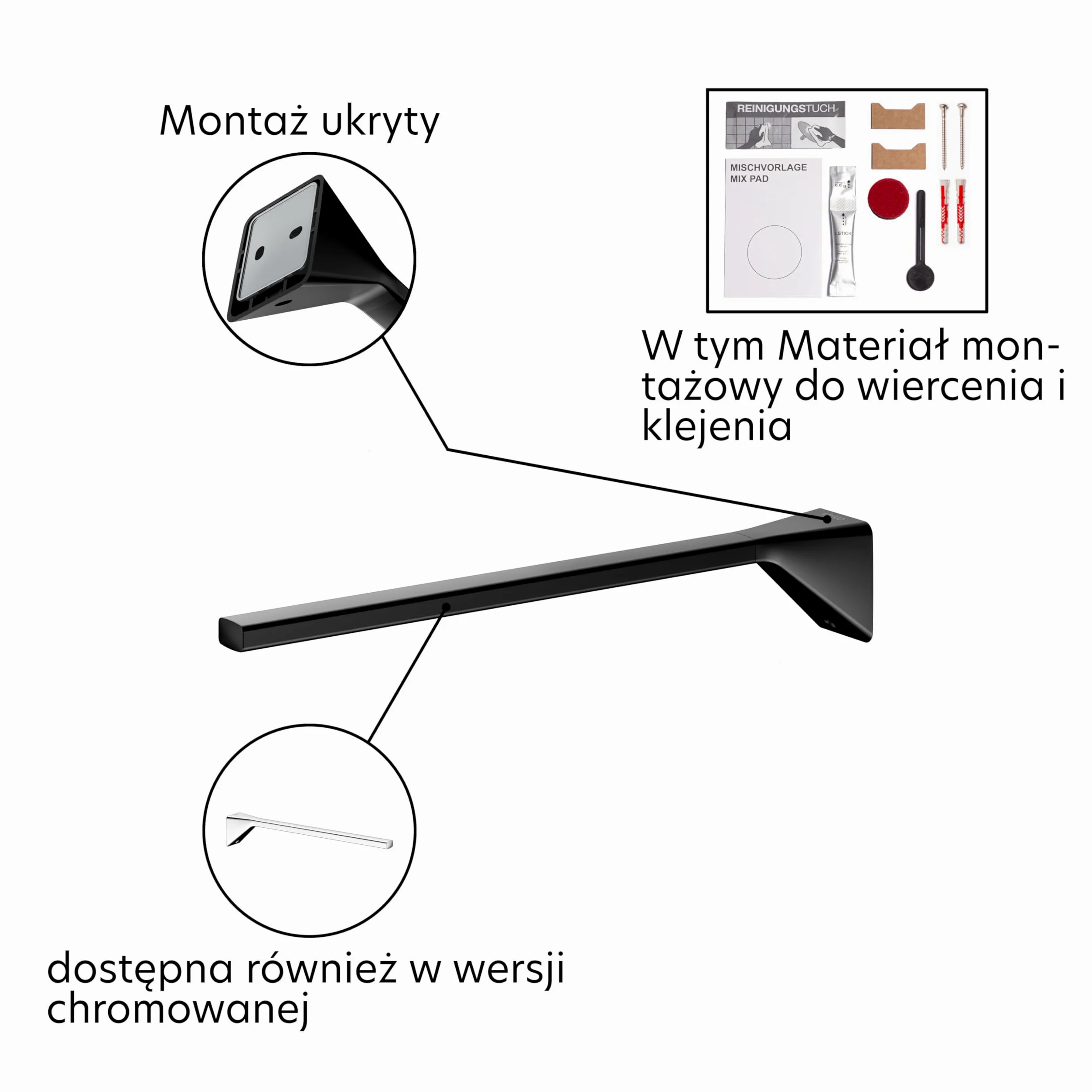Keuco Rose Wieszak na ręcznik, jednoramienny, 34 cm, bez wiercenia, czerń | sztywny, Wyprodukowano w Niemczech, z zestawem do klejenia i wkręcania, uchwytem na ręcznik do klejenia lub wkręcania
