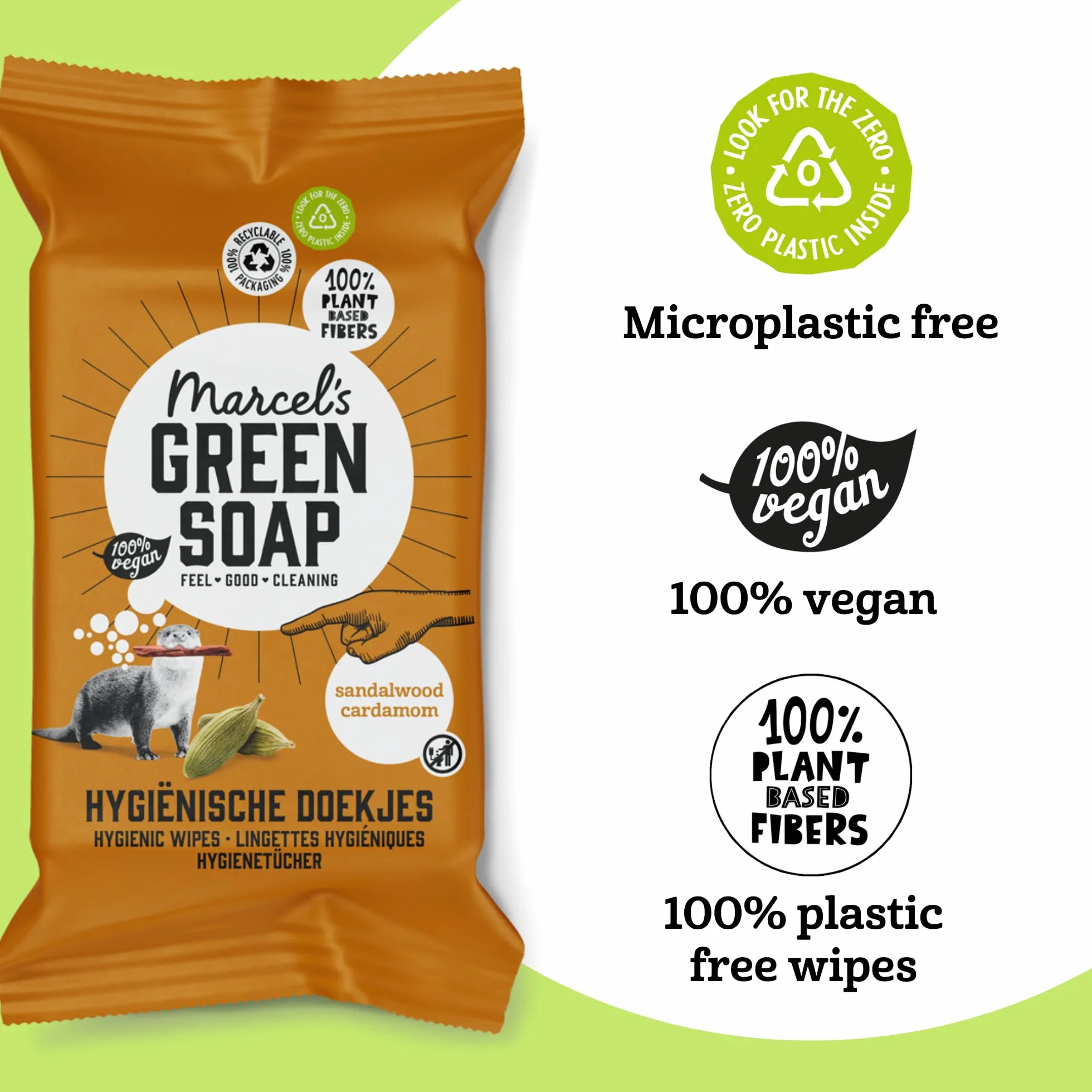 Marcel's Green Soap Chusteczki higieniczne, higieniczne, higieniczne, biodegradowalne, kardamonowe, ziołowe, przyjazne dla środowiska chusteczki do rąk, 60 szt