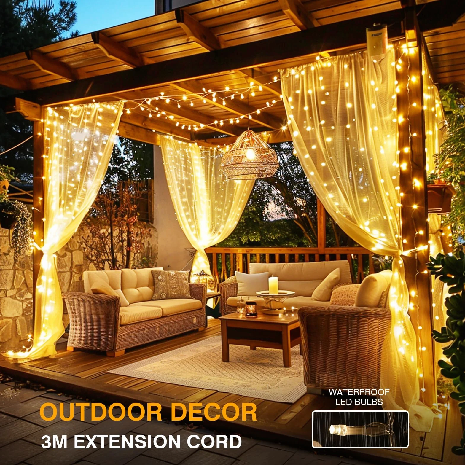 Kurtyna świetlna do wnętrz, 3 x 2 m, 200 diod LED, 8 trybów pracy, na firankę, ścianę, do sypialni, na wesele, imprezę i dekorację bożonarodzeniową