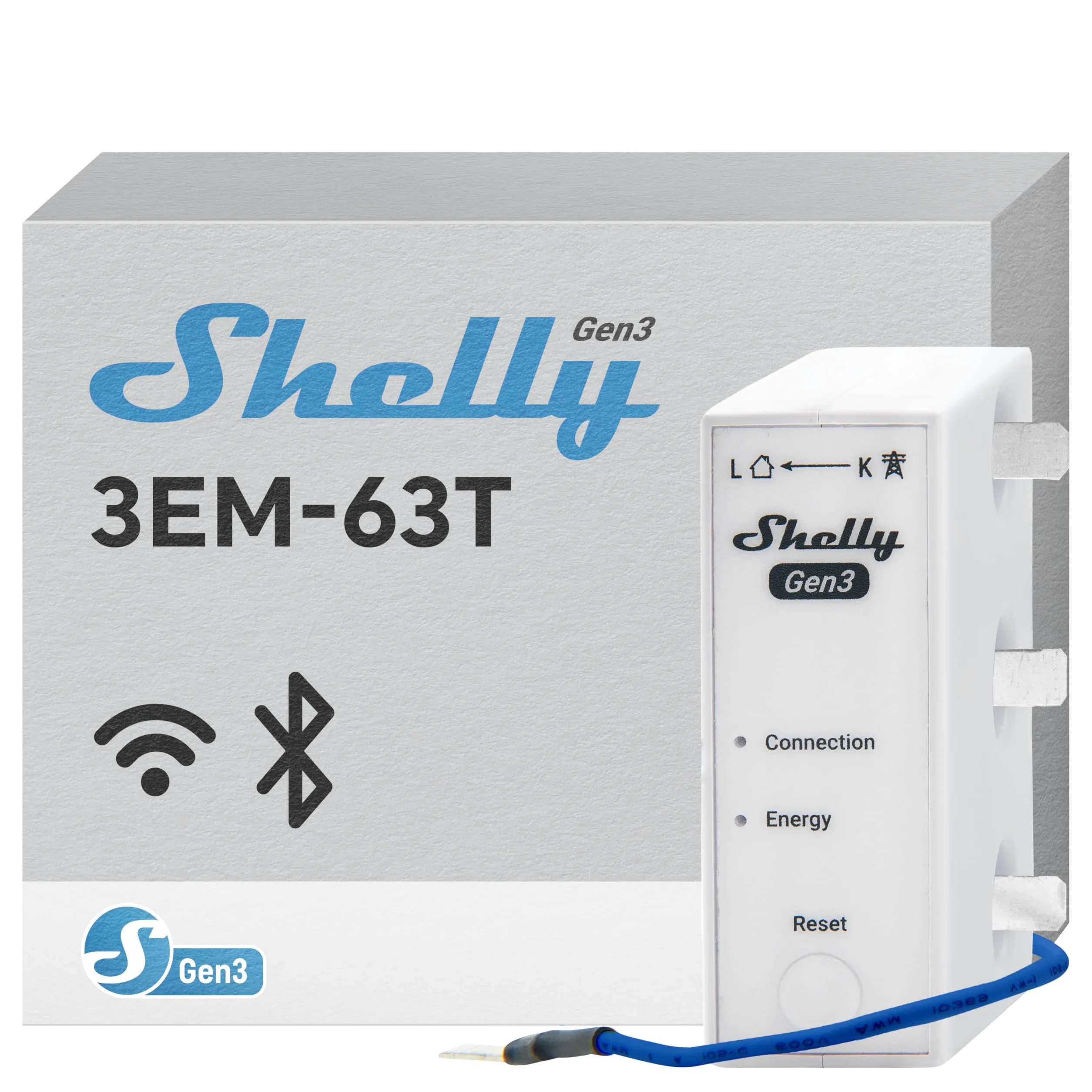 Shelly 3EM-63T Gen3 – Licznik energii 1-/3-fazowy, Wi-Fi & Bluetooth, szyna DIN, impuls optyczny, dane historyczne, fotowoltaika, zdalne sterowanie aplikacją