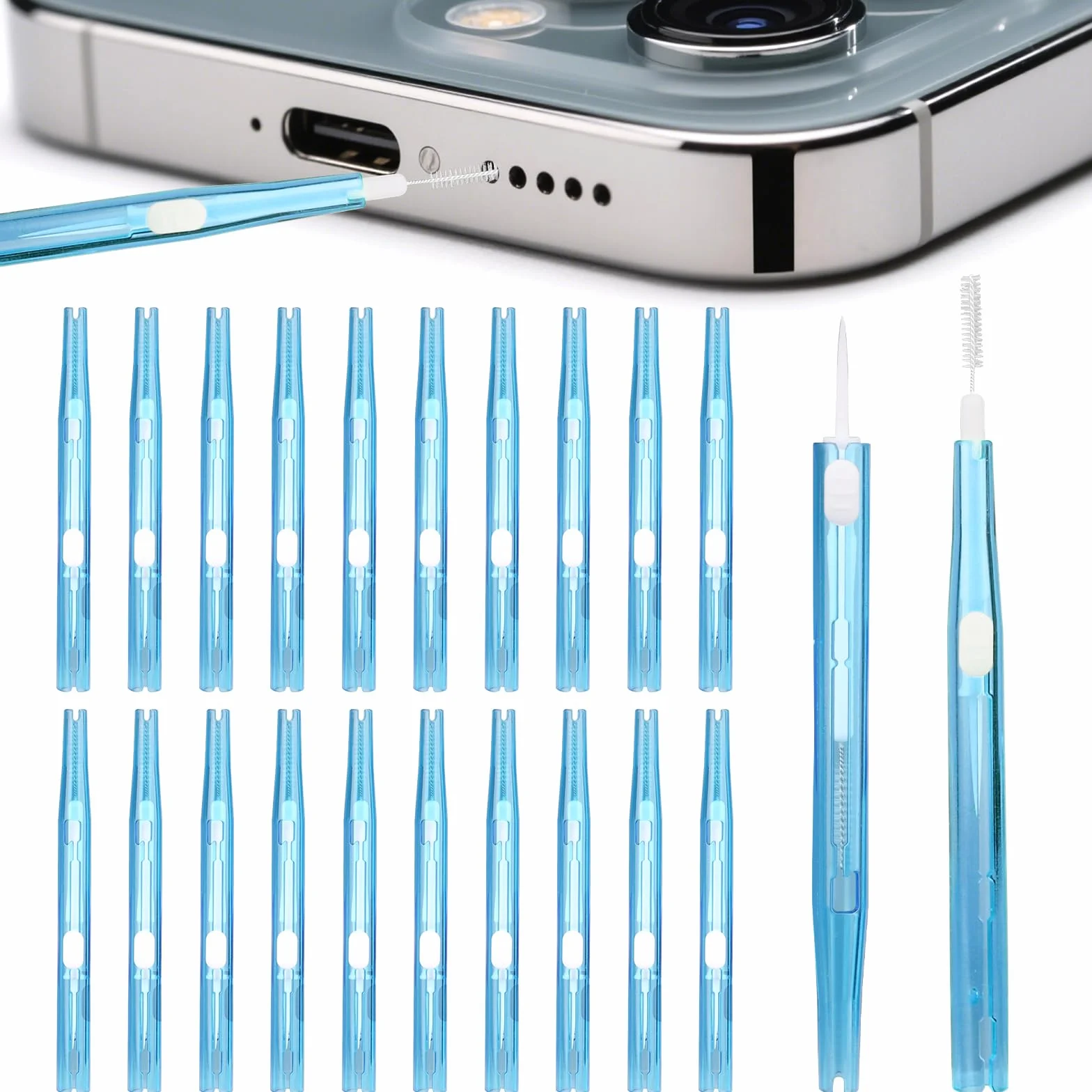 Zestaw Czyszczenia Telefonów, Dwustronny Szczotka do Portu Ładowania USB C z Włosiem i Hakiem Niebieski