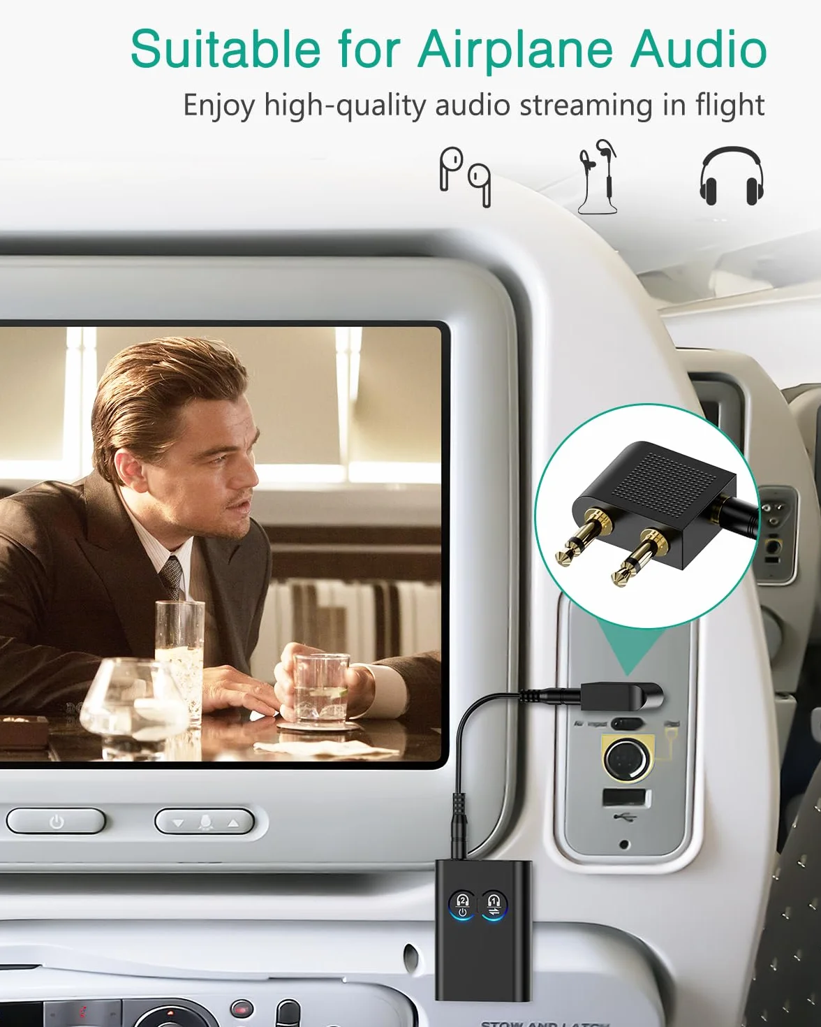 ORIA AptX Adaptive adapter 2 w 1 z podwójnym połączeniem i gniazdem 3,5 mm, bezprzewodowy konwerter audio do komputera, samochodu, gier, głośników, słuchawek i samolotu