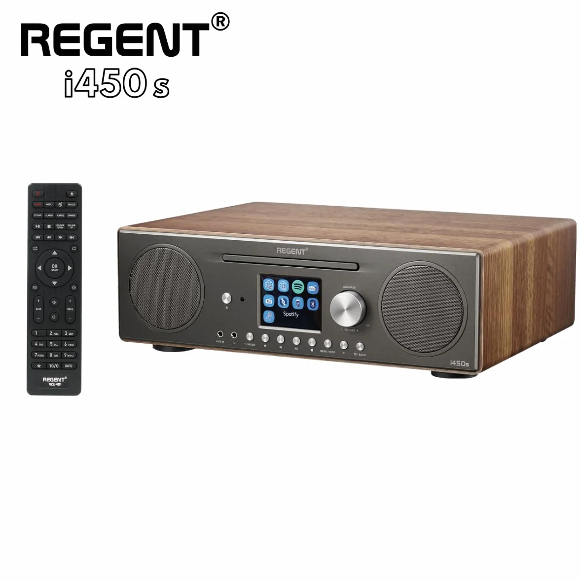 Głośnik REGENT i450s Spotify Connect DAB+ Radio internetowe Odtwarzacz CD Digital Home Stereo Hi-Fi Bluetooth FM 20, podwójny alarm i pilot Wejście AUX i USB (Ciemny Orzech)